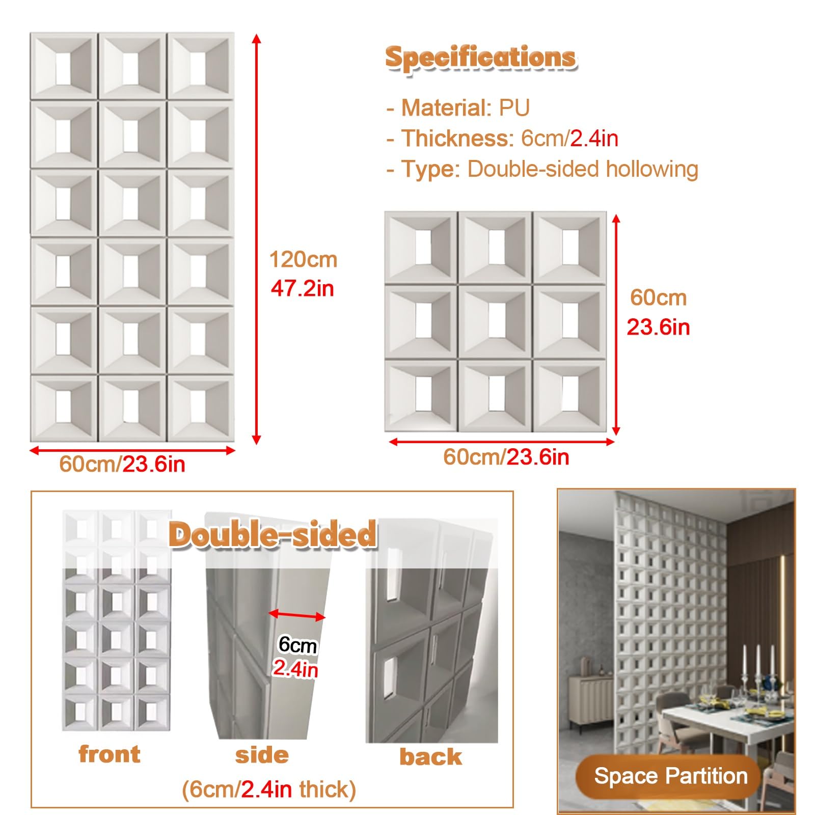 Paneles de pared 3D, diseño de ladrillo hueco de poliuretano ligero, absorción de sonido y resistente al calor, para oficinas, centros comerciales y hogar