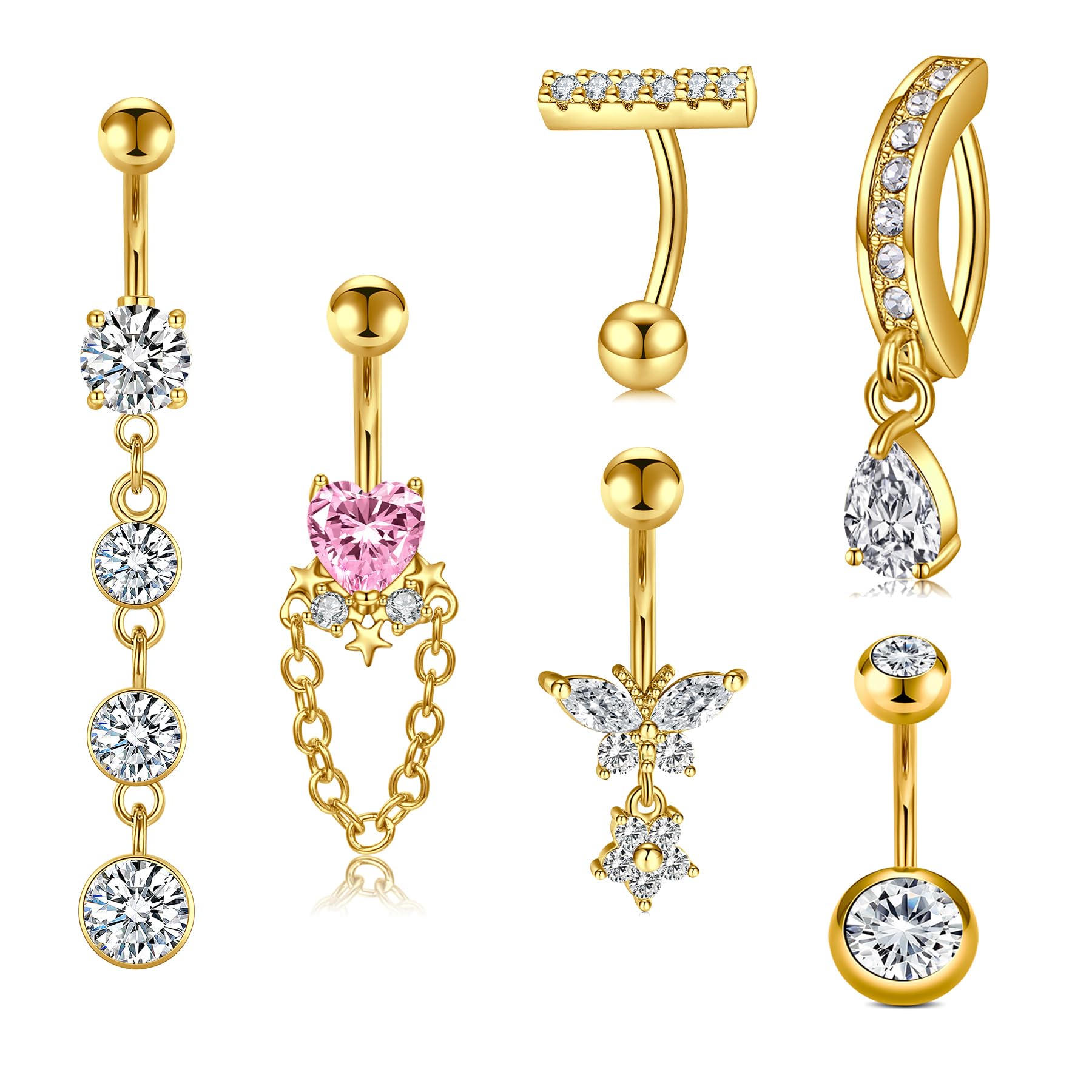 MODRSA Belly Button Ring Surgical Steel Belly Rings for Women Hypoallergenic Belly Button Rings Clicker Belly Button Ring Belly Piercing Silver Rose Gold Pink Black Navel Rings for Women