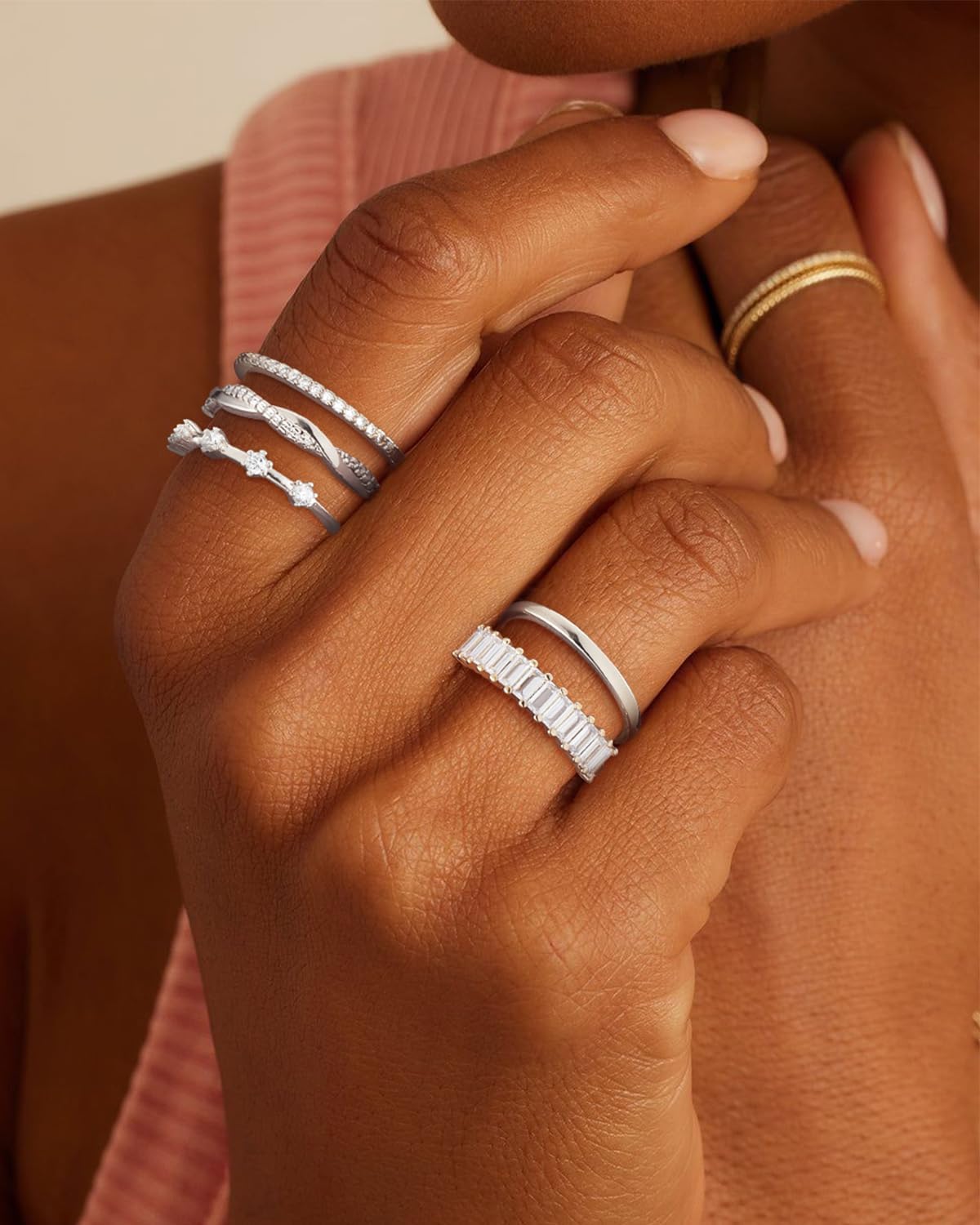 Stackable Silver/Gold Rings for Women Non Tarnish Trendy Dainty 14K Gold Plated Stacking Cubic Zirconia Thumb Ring Set Minimalist Promise Wedding Bands Engagement Rings for Women Size 6-10 - Image 7