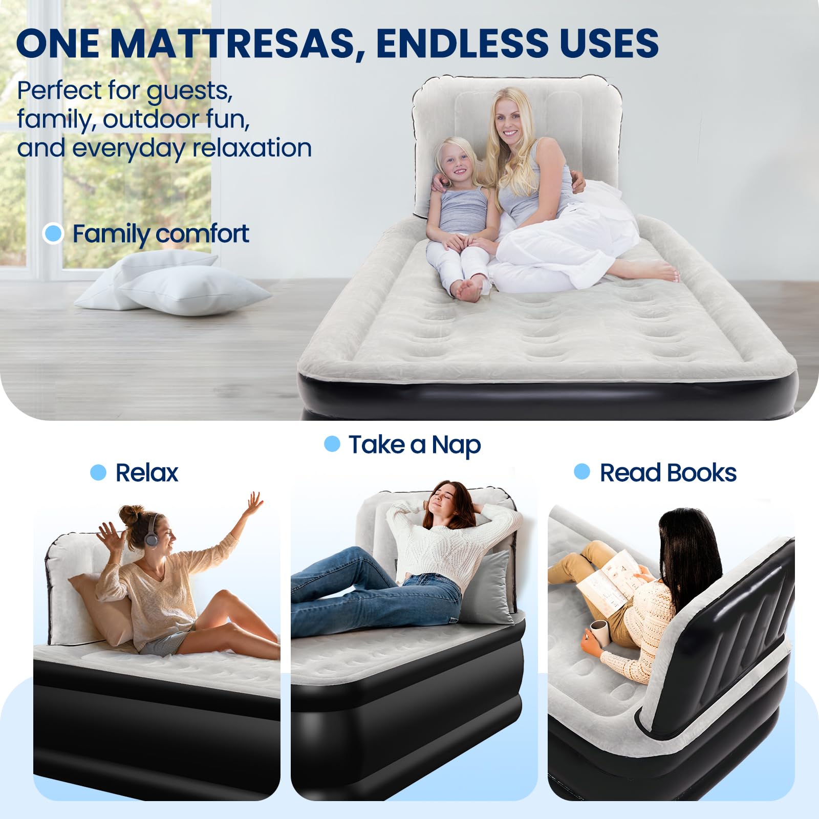 GETFITREST Queen Air Mattress with Headboard, Built-in Pump, 800 lbs Heavy-Duty — product photo