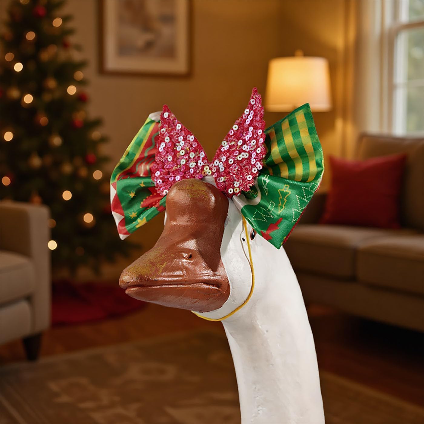 Christmas Porch Goose Outfits for 23'' Cement Plastic Statue Christmas Goose Clothes Set Cute Skirt and Bow Hair, Decorations for Garden Yard Patio