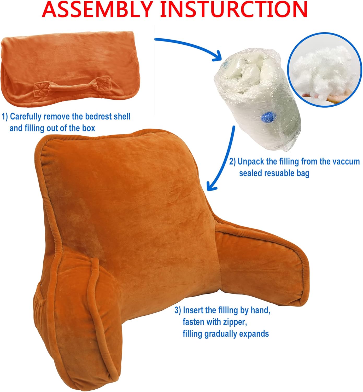 DIY Assembly Super Soft Velvety Backrest Reading Bed Rest Pillow with Arms & Pockets, 18" H for Sitting in Bed Couch Sofa, Back Support Cushion with Removable Cover, 20"x18"x17", Burnt Orange