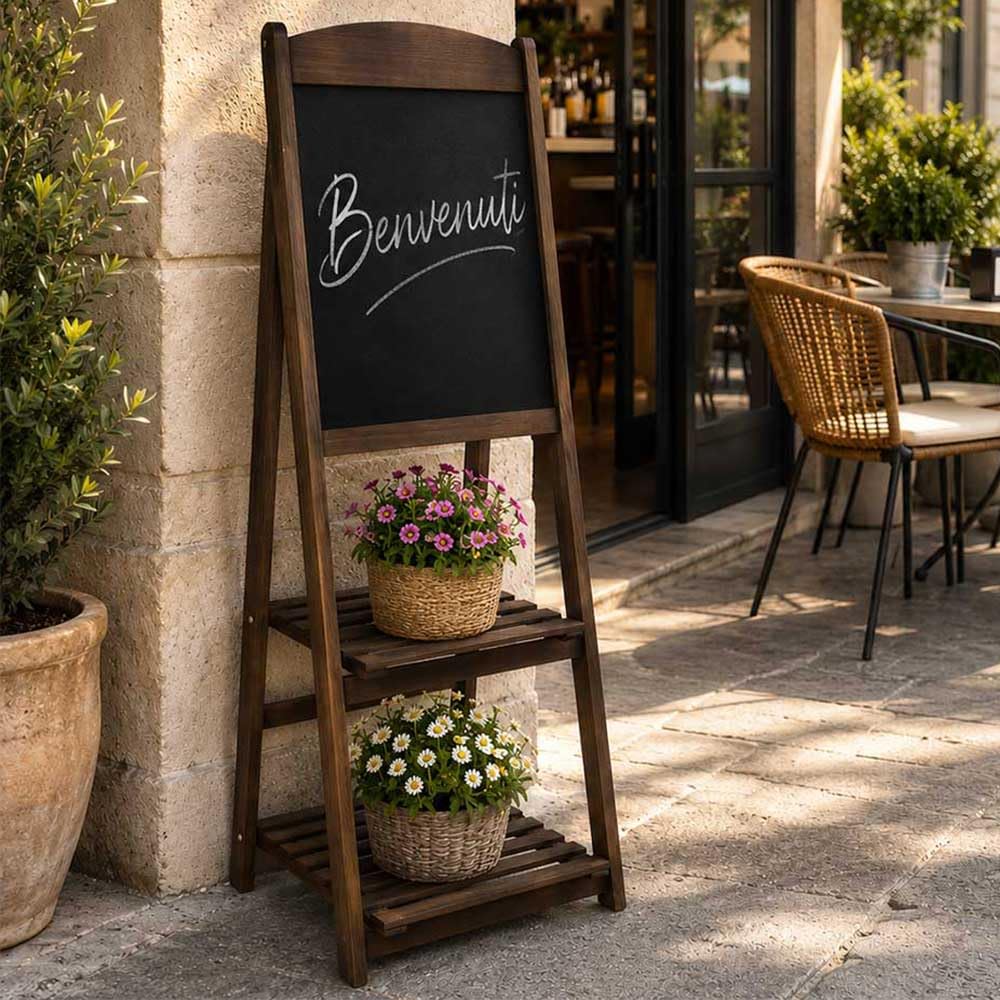 Pizarra publicitaria de madera con dos estantes para bares y restaurantes H112