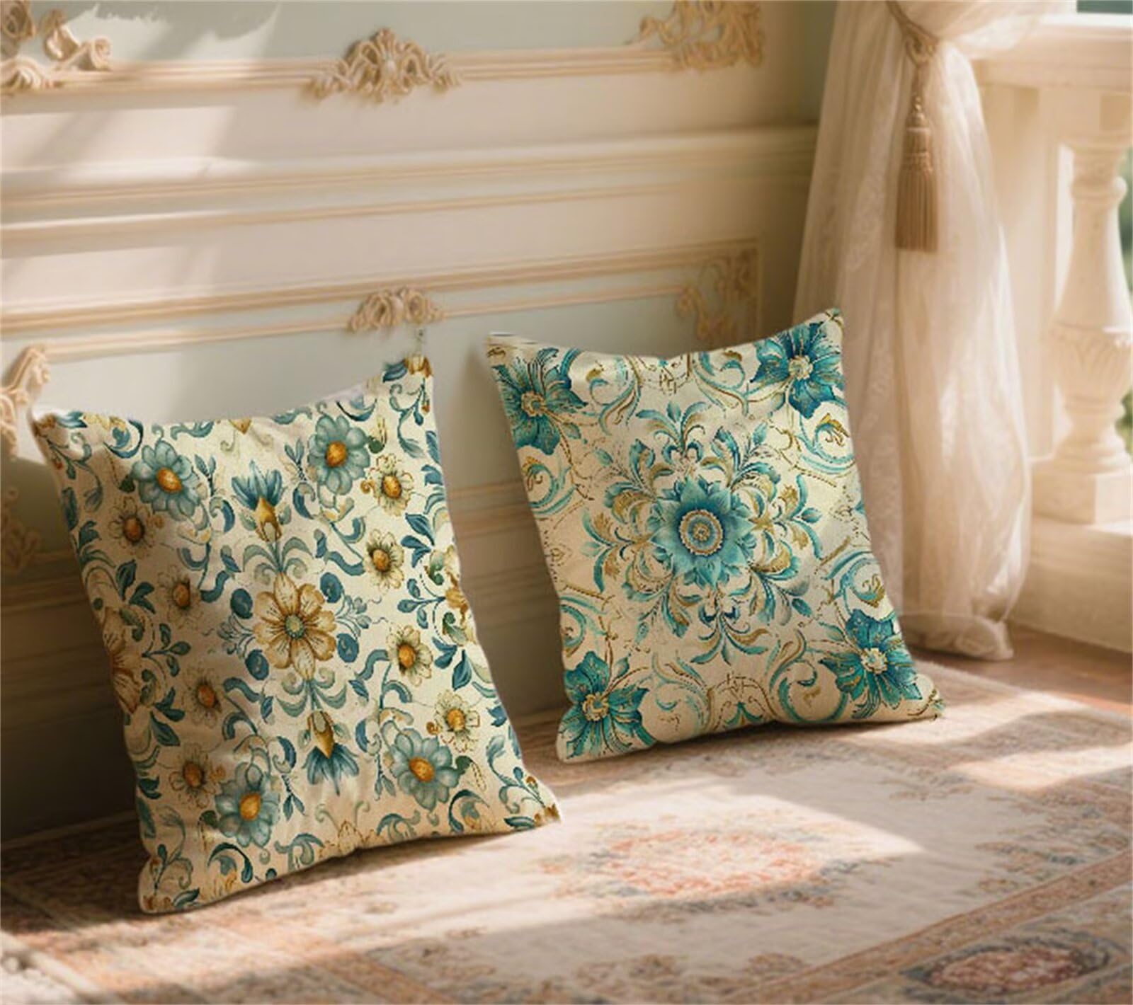 Poduszki Sofa 80x80cm Poduszki Zewnętrzne Wodoodporne Pościel Kwadratowa Poszewka Na Poduszkę Turkusowy Dwustronny Nadruk, Sofa Taras Ogród Wiosna Jesień Dekoracyjne, Prezenty, Vintage Zestaw 2 Y-919