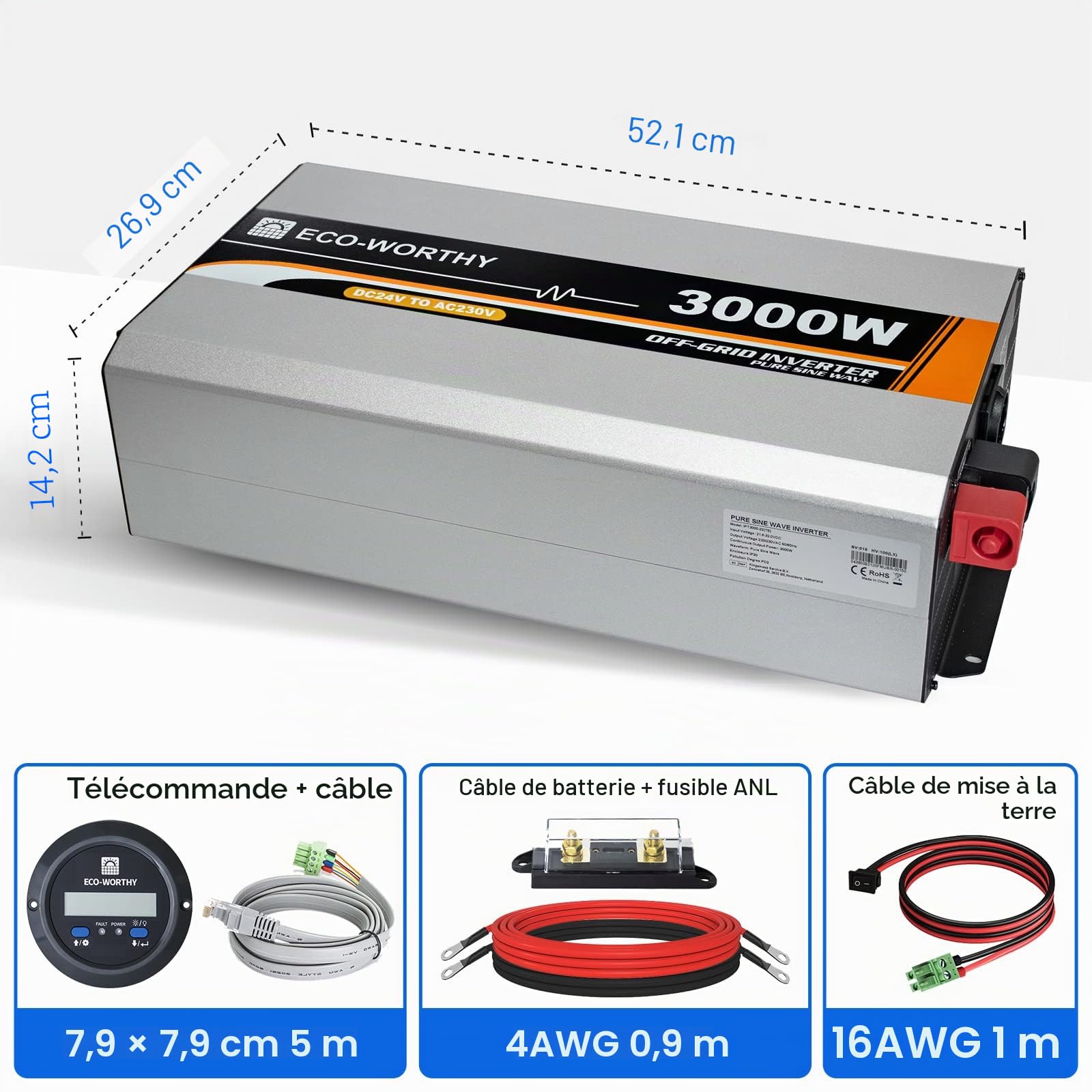 ECO-WORTHY 3000W 24V Solar Inverseur Onduleur hors réseau Protection contre les surtensions de 6 kw pour Système Solaire, rv, maison
