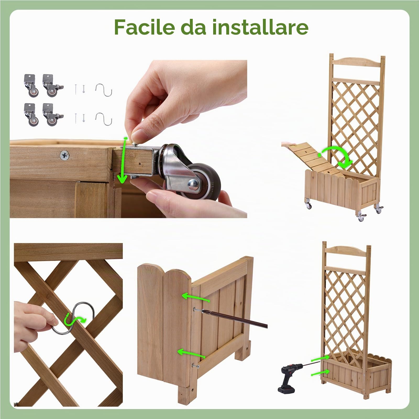 Fioriera in legno con grigliato e ruote, rialzata, resistente alle intemperie con fori di drenaggio, per giardino, balcone e terrazza, 49 x 28 x 116 cm – Marrone chiaro