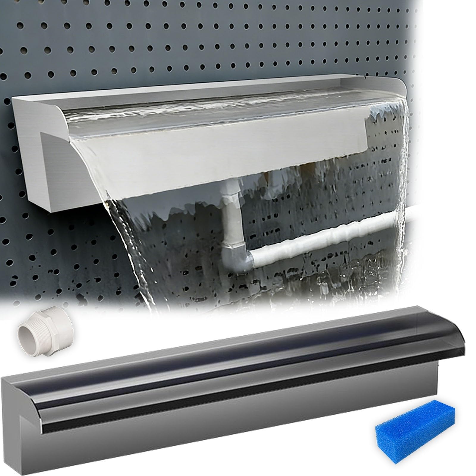 IvyLoutish Stainless Steel Pool Waterfall Spillway Kit 59in L - Durable Outdoor Fountain Blade with Filter Cotton & Fittings for Inground Pools & Water Features