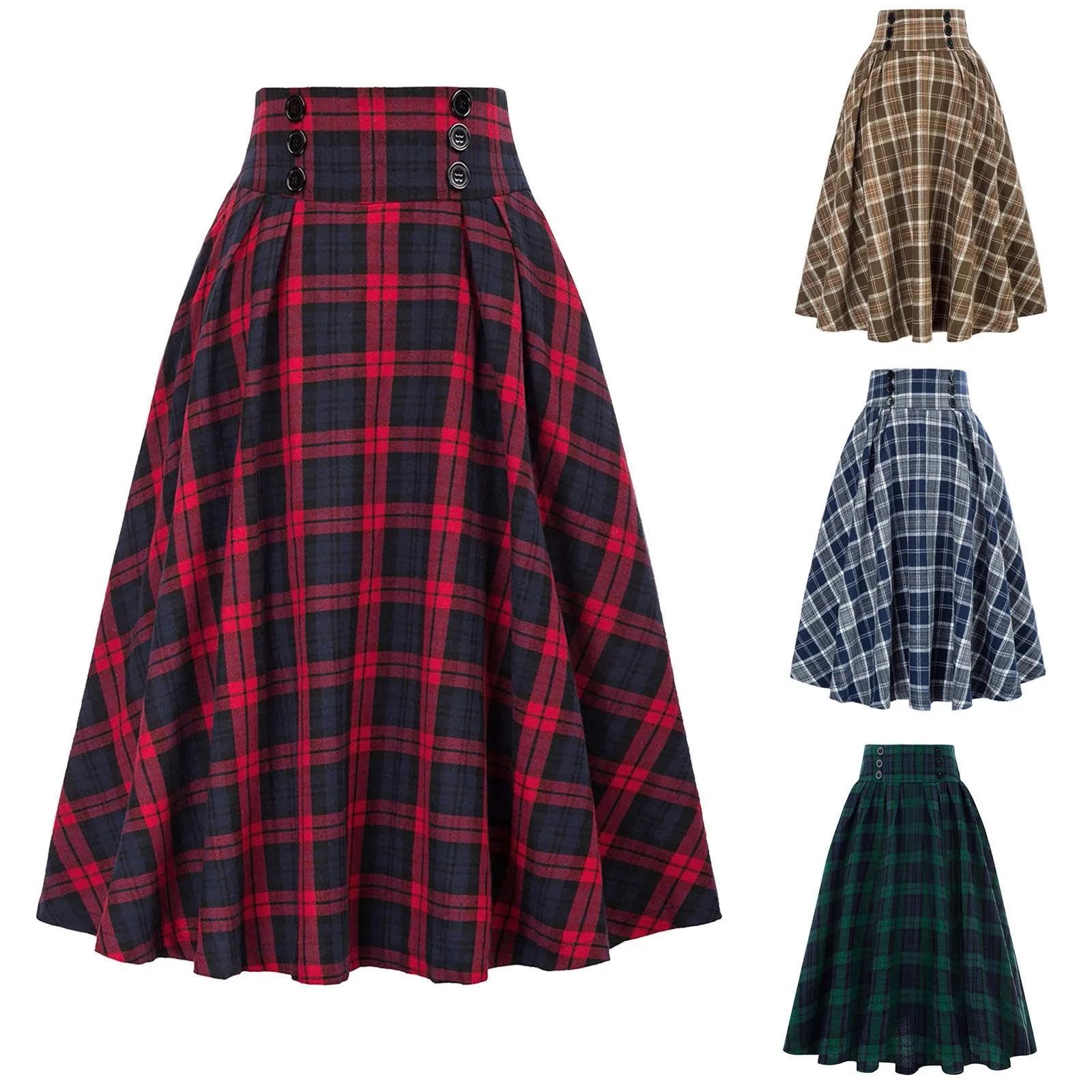 Faldas De Tubo Mujer Falda A Cuadros Plisada Vintage para Mujer Elegante Falda Cruzada Casual con Botón De Cintura Alta para Mujer
