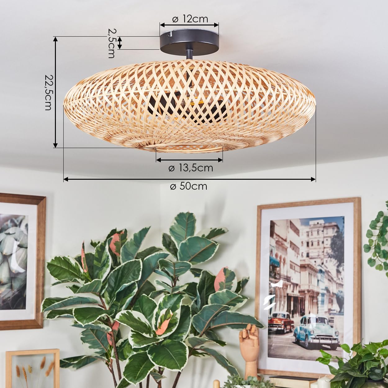 HOFSTEIN Deckenleuchte Boggsjo, Deckenlampe aus Metall/Bast in Schwarz/Naturfarben, runde Leuchte im Boho-Design (Ø 50 cm) mit tollem Lichteffekt, E27, Esszimmer, Wohnzimmer, Schlafzimmer, Küche