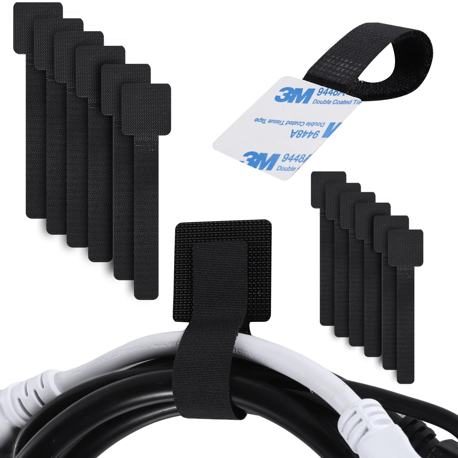 50pcs Sticky Back Hook and Loop Cable Ties, Reusable Wire Organizers for Home, Office, Car, and DIY Projects - 20 Large (15 cm) + 30 Small (9 cm), Heavy Duty Adhesive