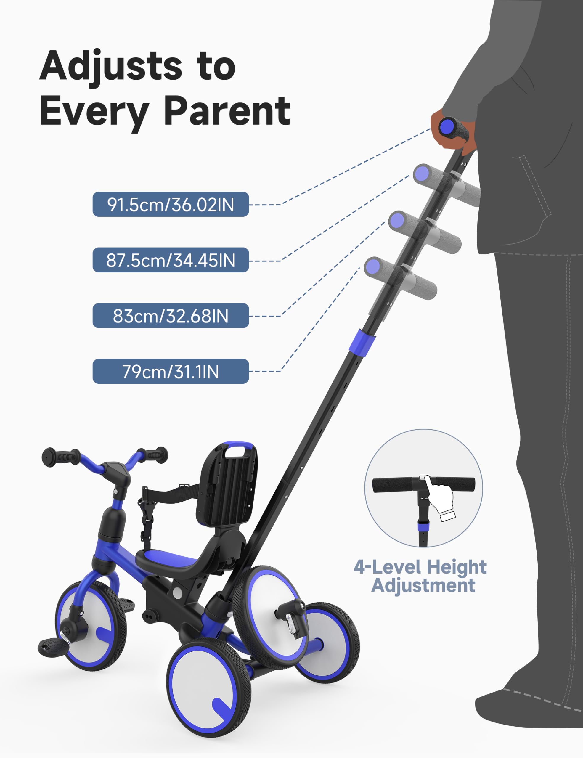 Besrey Triciclo Bambini 5 in 1 – Triciclo Evolutivo con Maniglione e Ruota di Scorta, Bici Senza Pedali per Bambini da 18 Mesi Dotato di Schienale e Cintura, Regalo Compleanno per Bambini (Blu scuro)