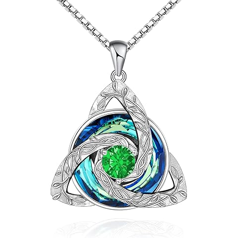 Distance Celtic Birthstone Necklace for Women, S925 Sterling Silver Trinity Knot Triquetra Austria Crystal Pendant, Birthstone Necklace Birthday Anniversary Jewelry Irish Scottish Gifts for Her