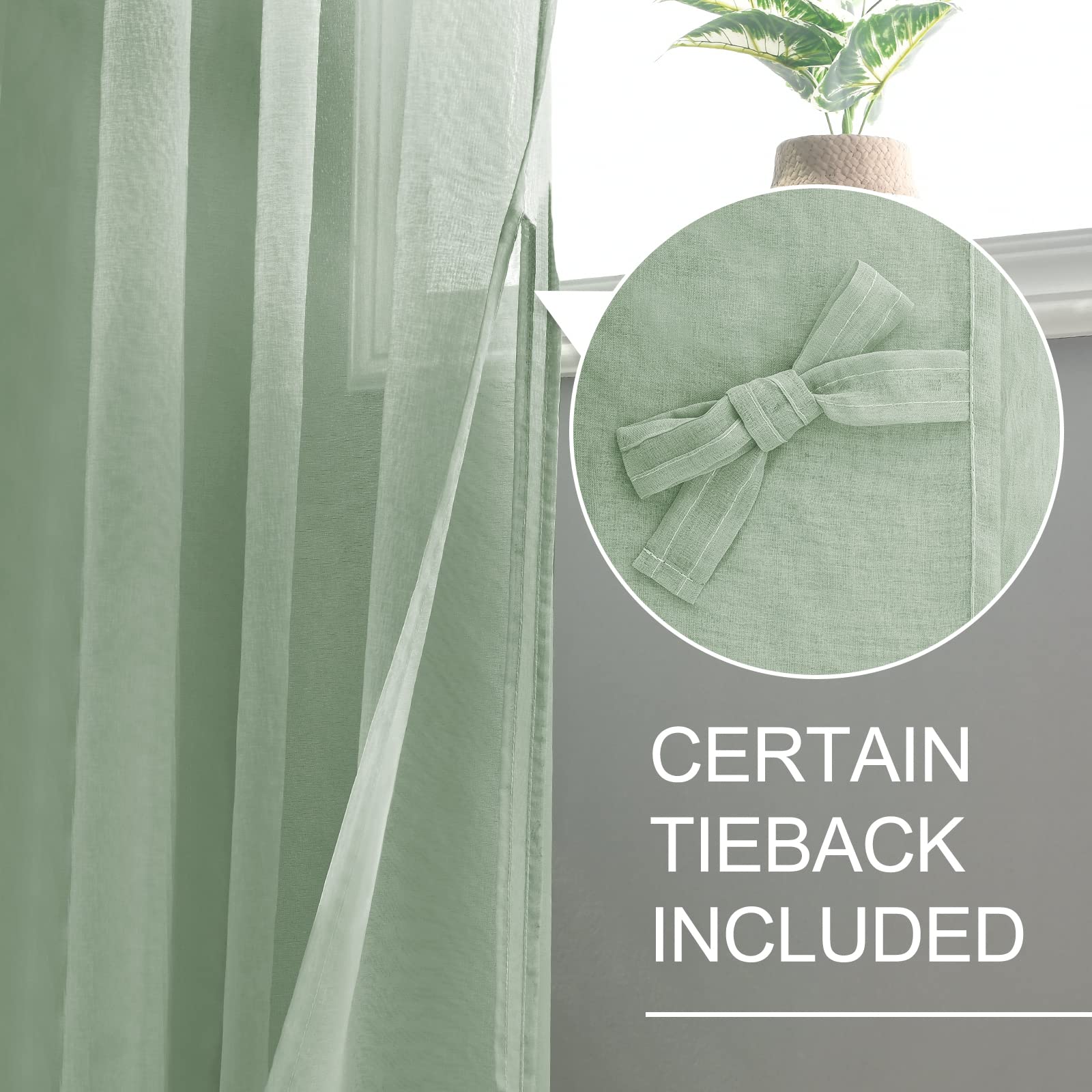 XWZO Sheer Curtains 2 Panels Linen Look Voile Curtains Semi Transparent Grommet Tieback Window Curtains for Bedroom,Light Filtering,Airy & Breathable Voile Drapes,Bean Green,W55*L88 - Image 3