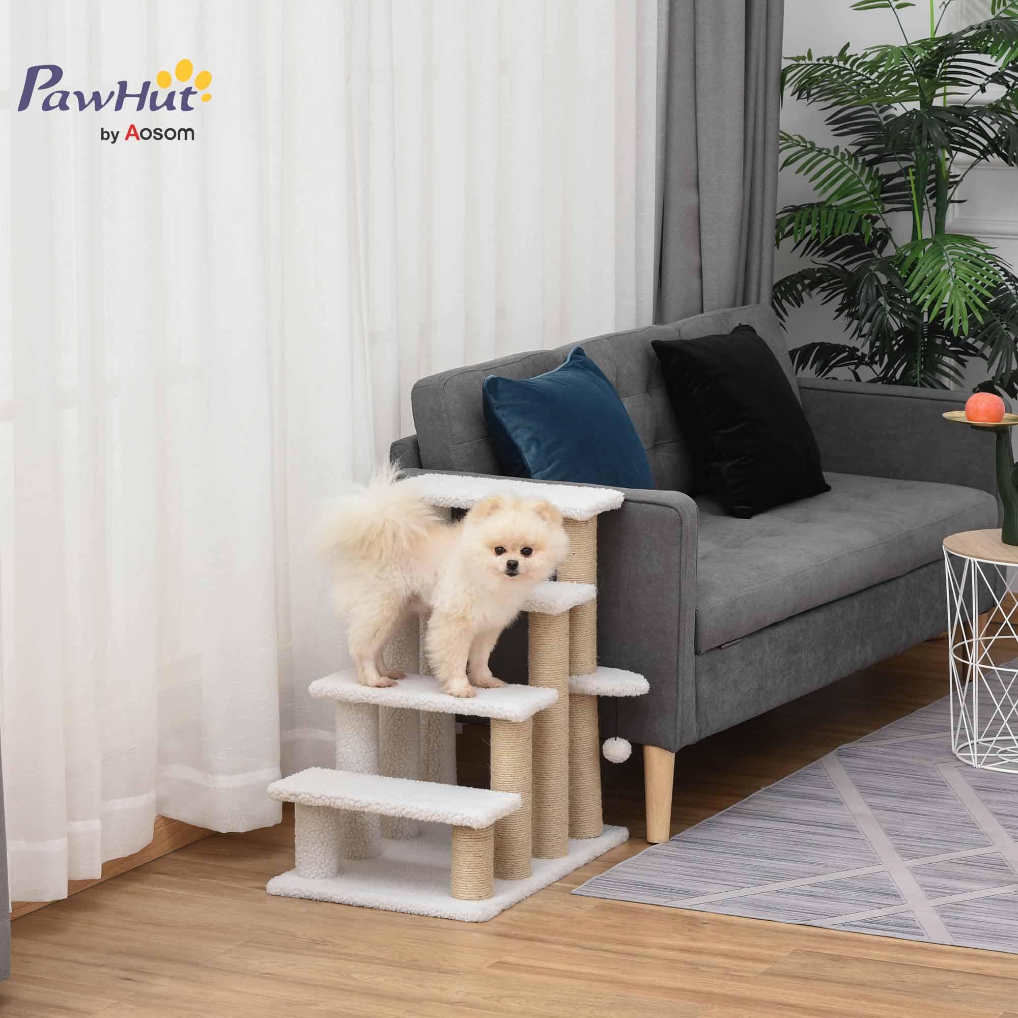 PawHut Pet Stairs with Scratching Post Ball 4-Step Cat Stairs Dog Stairs Particle Board Plush Jute White 60 x 40 x 64 cm