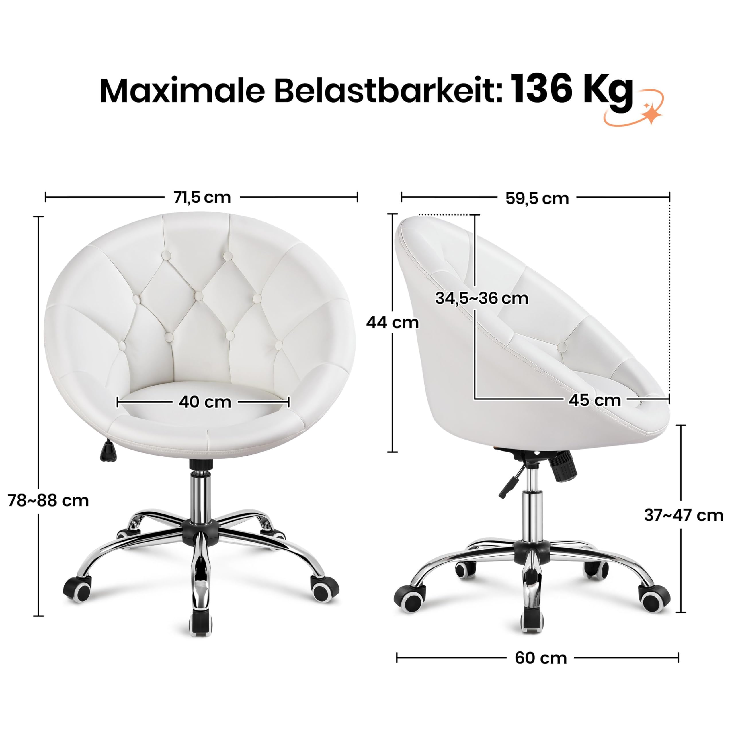 Yaheetech Schreibtischstuhl Runder Schminktisch Stuhl aus Kunstleder, Weiß | Bürosessel, höhenverstellbar Drehstuhl, Homeoffice Stuhl mit Rollen, bis 136 kg belastbar, für Arbeitszimmer, Schlafzimmer
