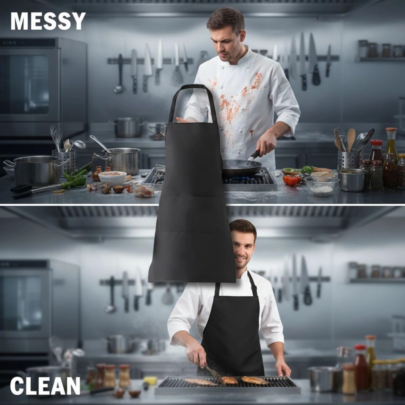 Delantales impermeables con bolsillo, delantal de cocina unisex negro para cocinar, barbacoa, jardinería, logotipo personalizado disponible