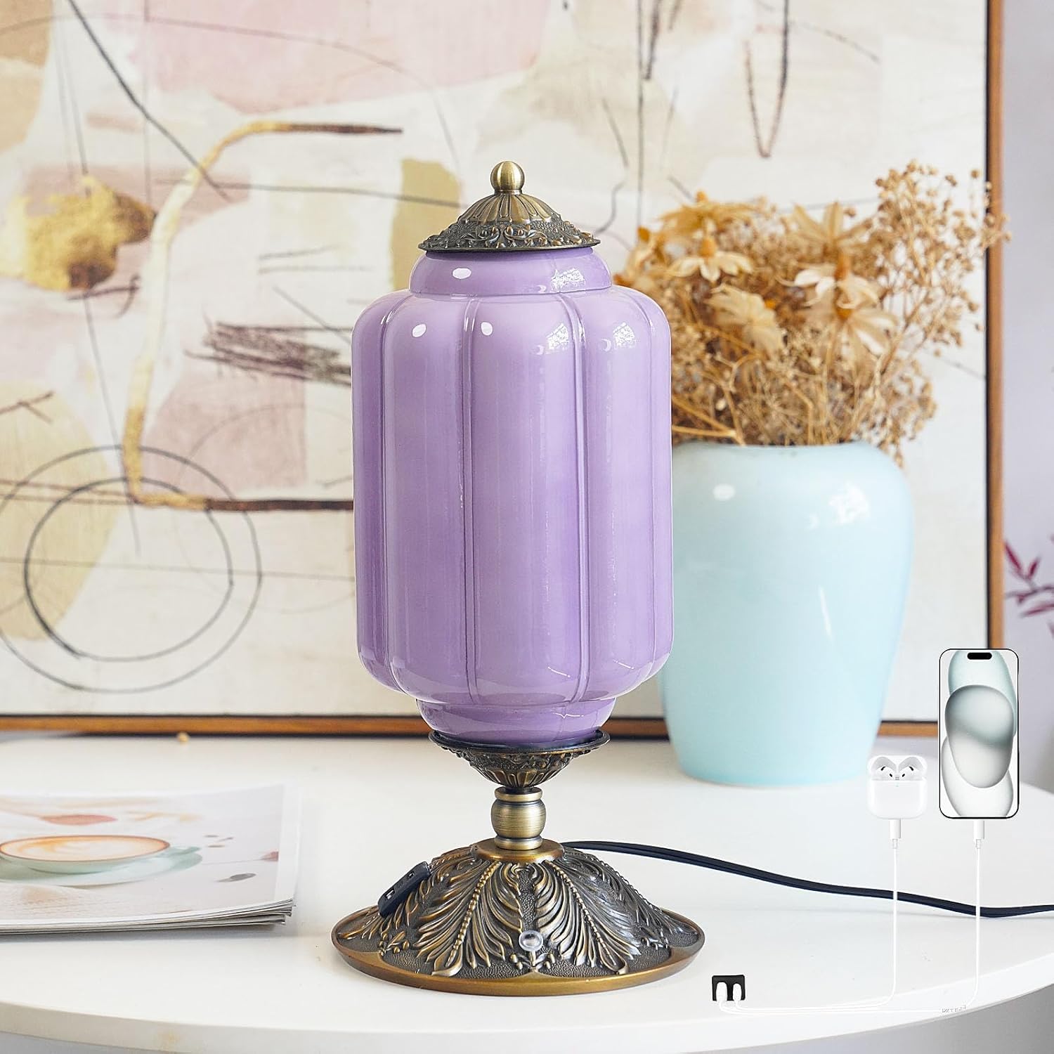 Lampa stołowa w stylu vintage szklana z regulacją jasności dotykową z portami ładowania USB A+C 3 temperatury barwowe retro lampa nocna, styl rustykalny lampa do sypialni, lampa dekoracyjna