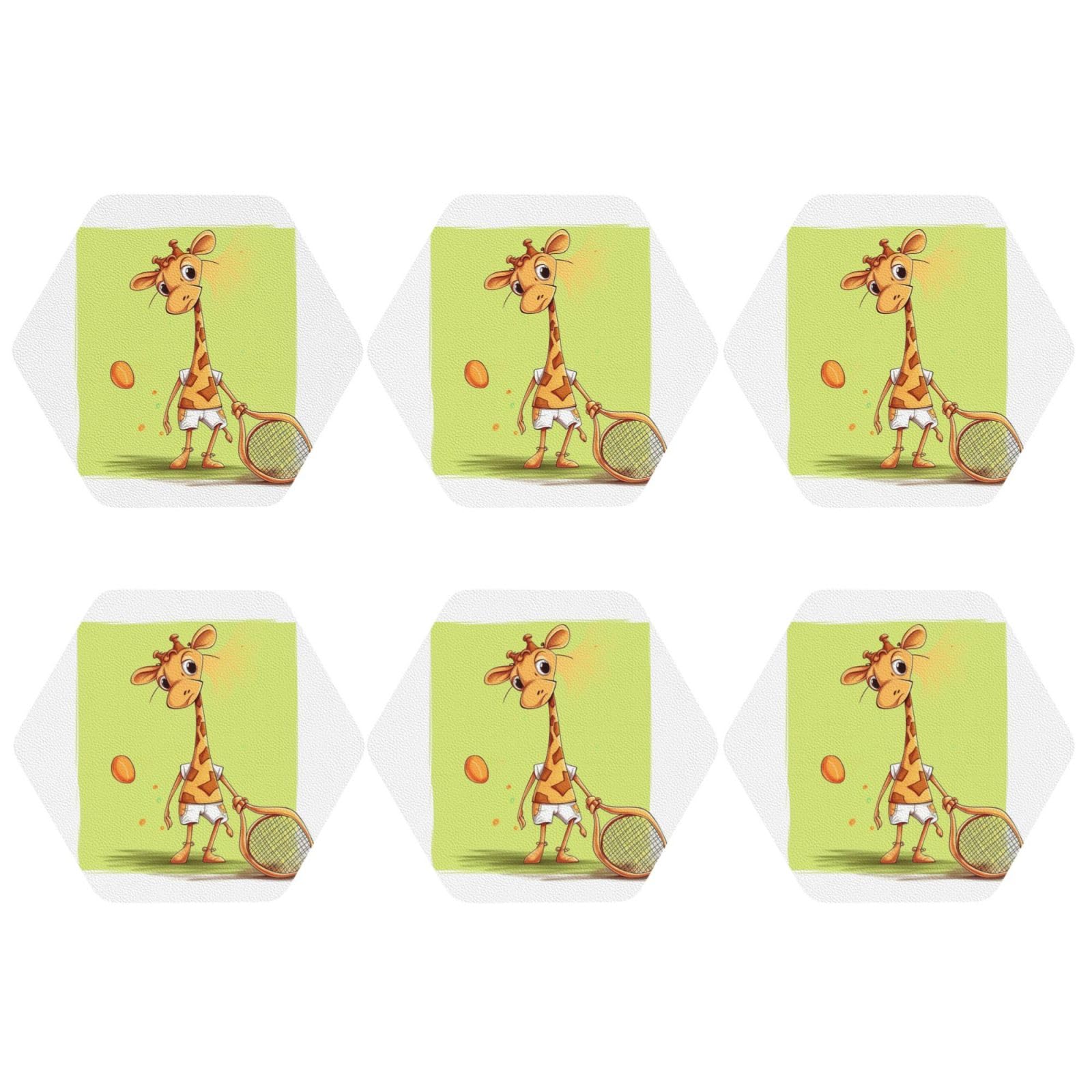 6pcs Leather Coasters for Drinks, Giraffe Playing Tennis Drink Coasters for Tabletop Protection, 4" Cup Coasters for Coffee Table Decor, Non-Slip Drinking Cup Mat for Hot Or Cold Drink