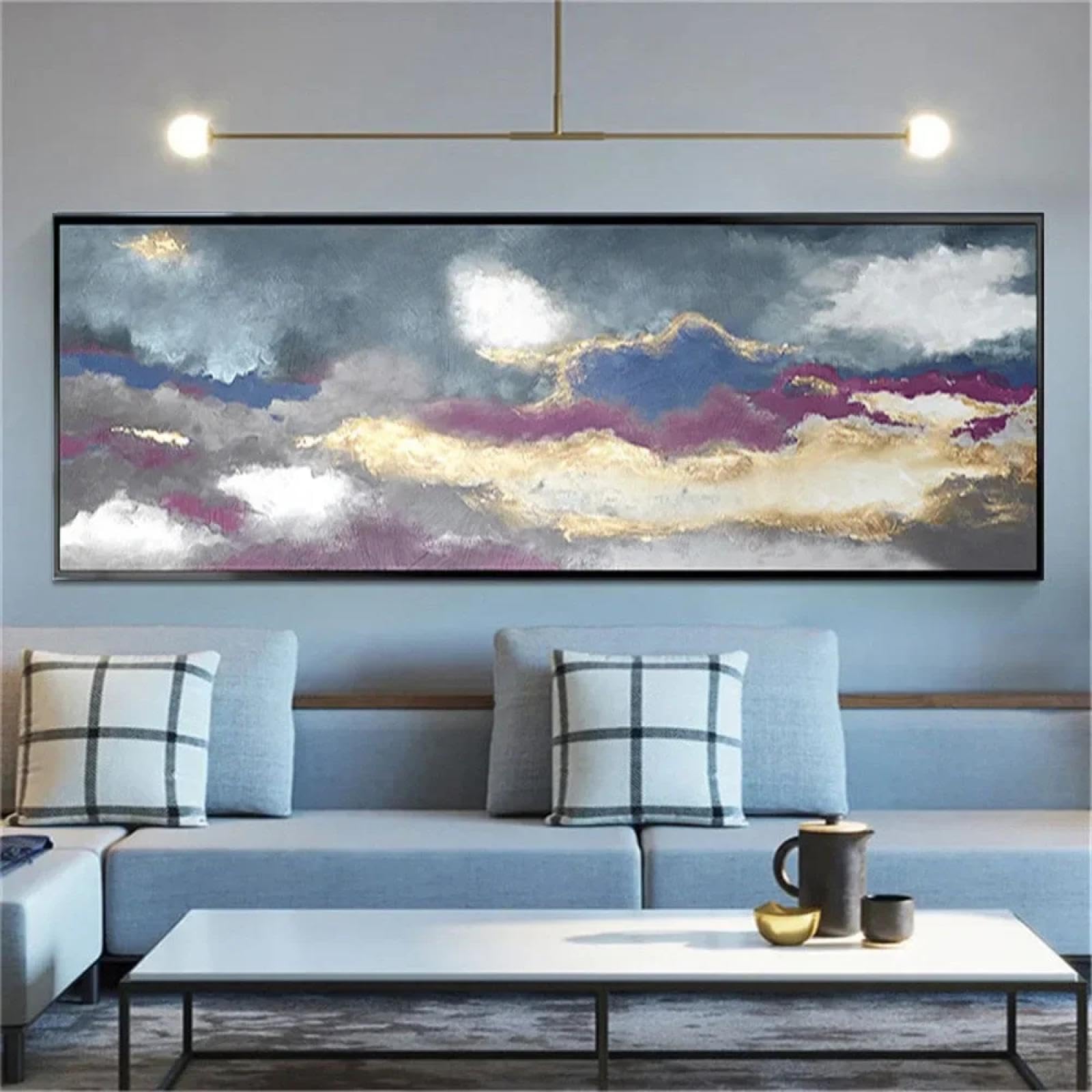 Pintura al óleo de gran tamaño sobre lienzo, carteles de lámina dorada púrpura, obras de arte, del hogar, pinturas de arte abstracto moderno, 30x50cm/(12x20 pulgadas) con marco negro