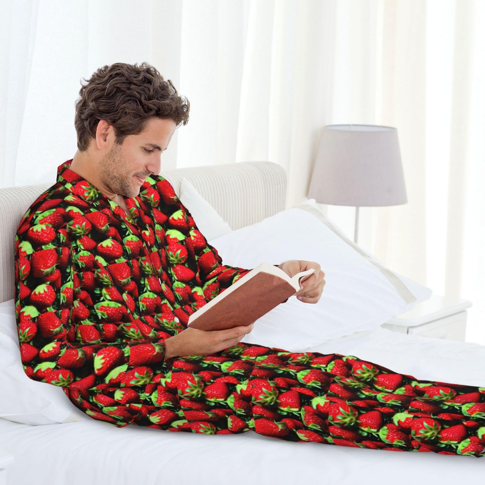 Conjunto de pijama de manga larga para hombre con estampado de fresas, transpirable, acogedor, ropa de dormir para el hogar