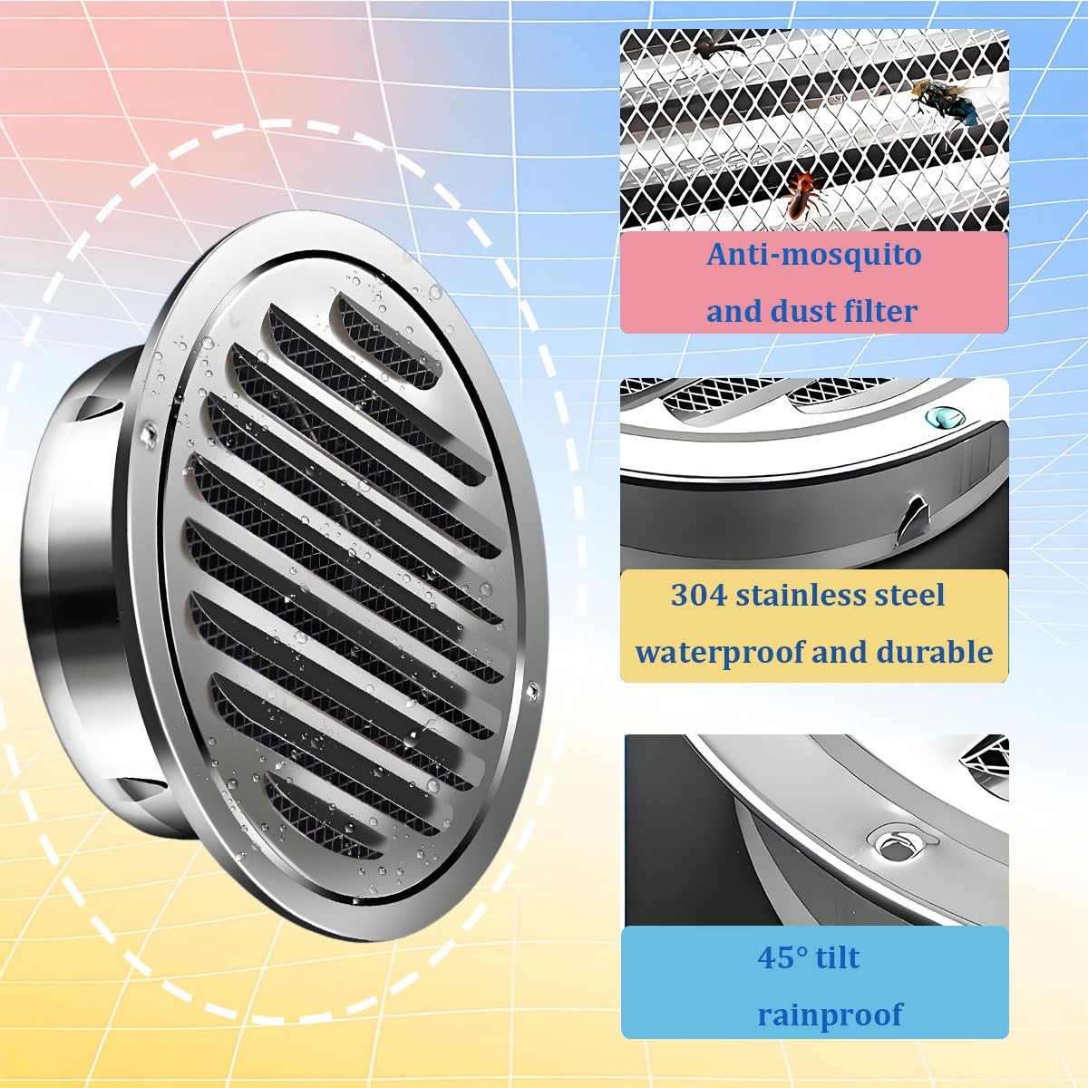 Rund Entlüftungsgitter Lamellengitte 50mm-300mm Abluftgitter Edelstahl Mit Insektenschutz, Wandlüftungsauslass, Für Garage, Küche, Bade Von Abluftgitter(300mm/11.8in 2pack)