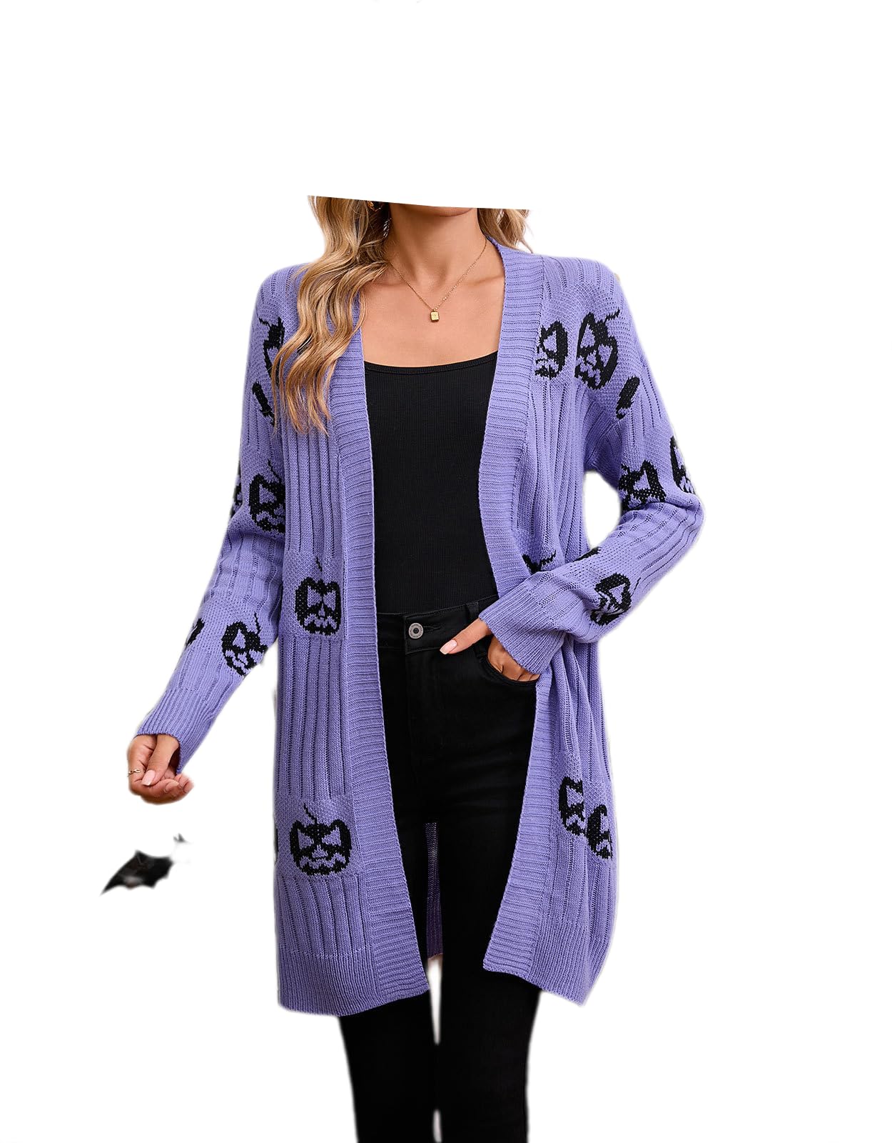 Halloween Cardigan Sweaters for Women Long Lavender Knit Cardigans with Black Pumpkin Print Lightweight Fall Sweaters