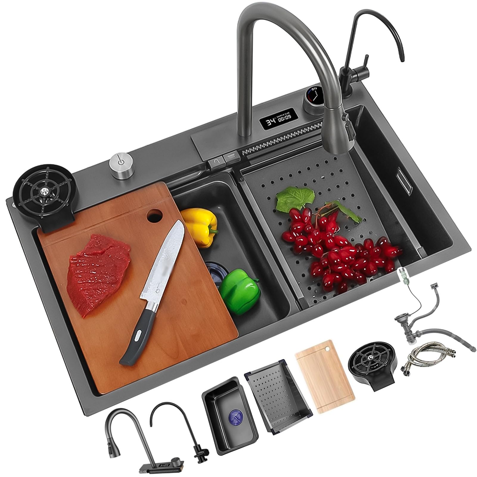 ZQFHSX Single Bowl Waterfall Kitchen Sink, Multifunctional Smart Workstation with Faucet, Grey Black Farmhouse Sink Cup Rinser & 4 Spray Modes(A,75x45x21cm)