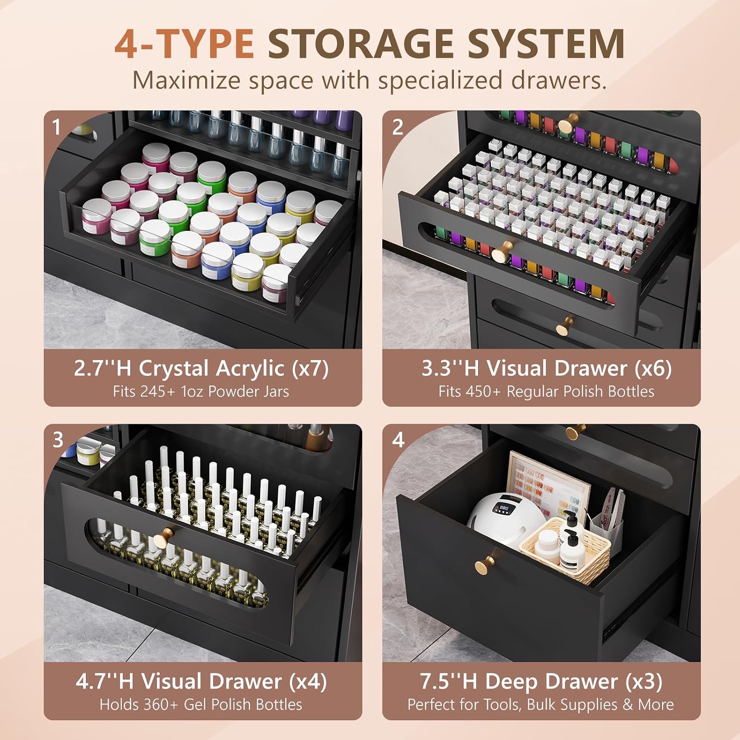 OmySalon Nail Polish Organizer Cabinet with Drawers, 47.2" L Large Nail Salon Storage for Polish & Powder, 7 Clear & 10 Visual Drawers, Wooden Beauty Salon Furniture (Black)