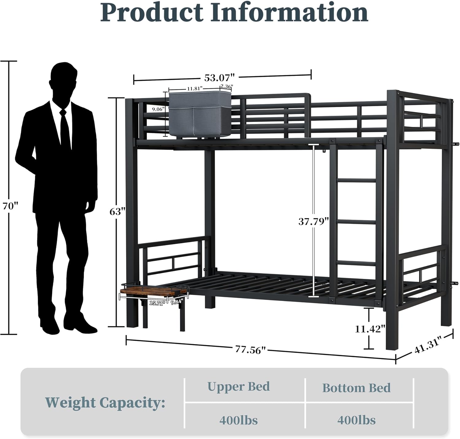 fineway Bunk Bed Twin Over Twin, Heavy Duty Metal Bunkbeds with High Guardraill, Convertible into 2 Individual Beds, Storage Bag & Desk Board, Under-Bed Storage Space, Noise Free, Black