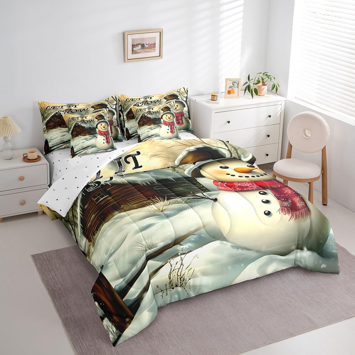 Cute Snowman 7Pcs Comforter Set Twin Size,Rustic Farmhouse Cabin Bedding Set,Winter Snow View Fitted Flat Sheet for Kids Teens Adult Room Decor,Vintage Brown White 2 Pillow Covers,2 Pillowcases
