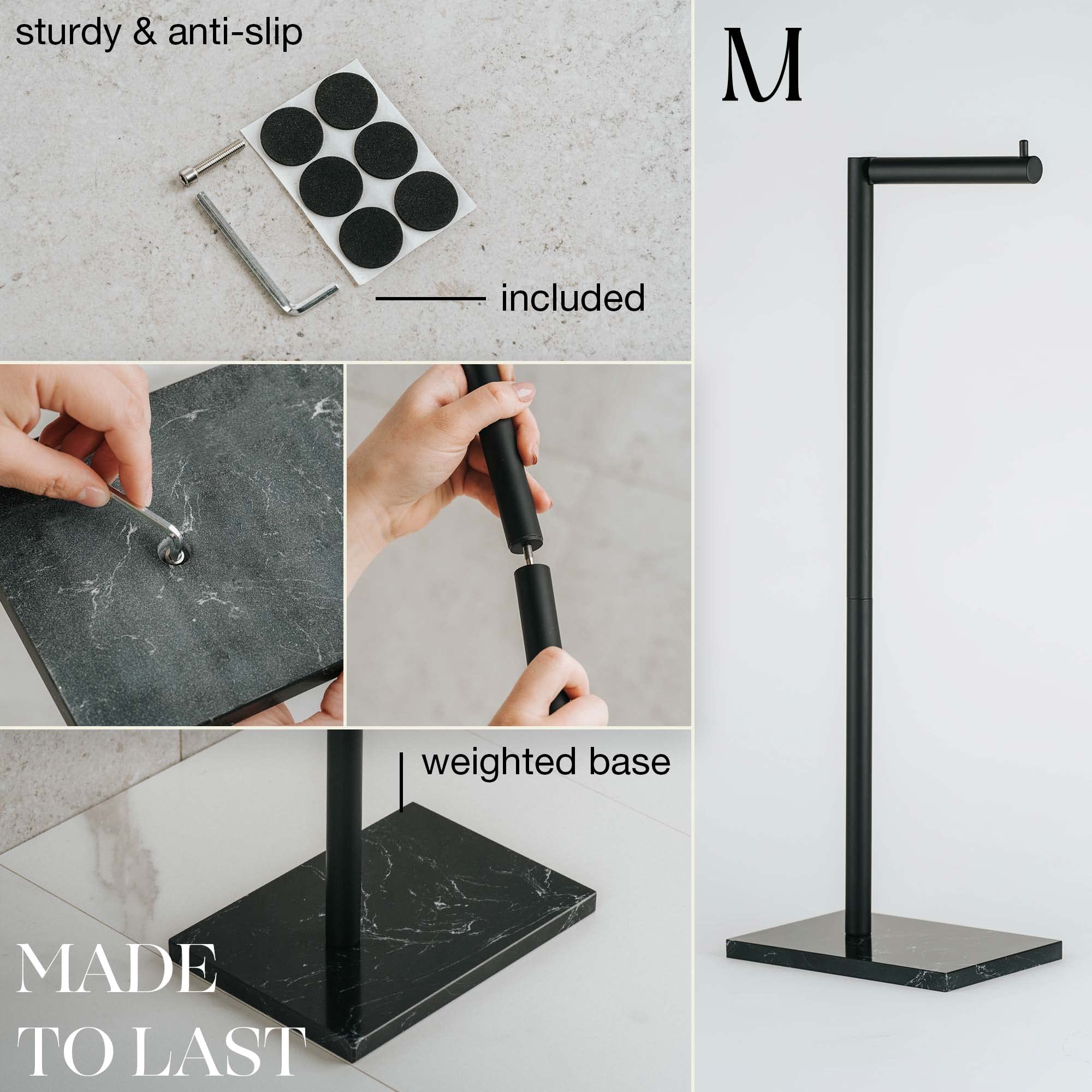 MARMOLUX ACC Support de papier toilette noir mat avec base en marbre noir et rangement – 4 rouleaux de papier toilette Jumbo – Support de papier toilette sur pied en acier inoxydable