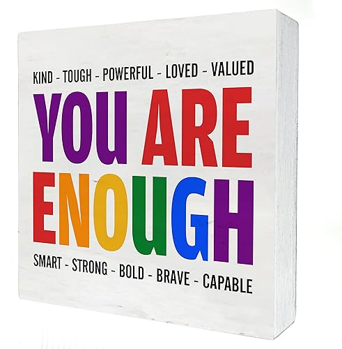 Letrero de madera con texto en inglés "You Are Kind Tough Powerful Enough - Decoración de escritorio, con citas LGBT, bloque de madera, placa, caja