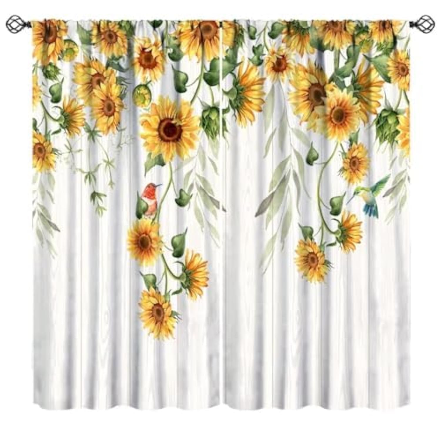 JanJCurt Vintage Sunflower Kitchen Curtains, Rustic Farmhouse Wooden Yellow Floral Plant Hummingbird Print Window Treatments for Cafe Living Room