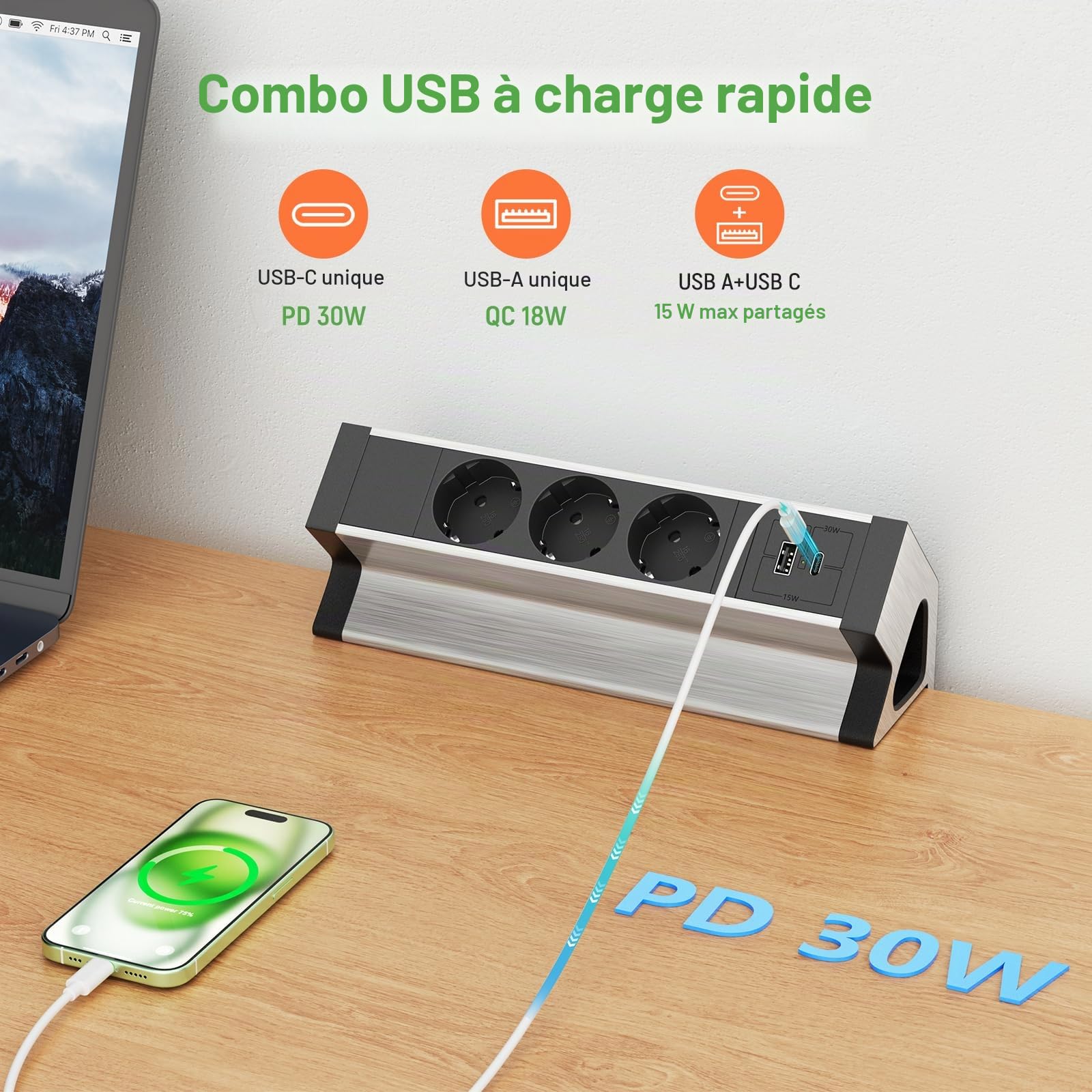 Multiprise Bureau USB C, Multiprise Electrique 3 Prises avec USB, Aluminium Bloc Multiprise Prise Plan de Travail pour Bureau, Cuisine, Bains, Salon, 1,8M Câble