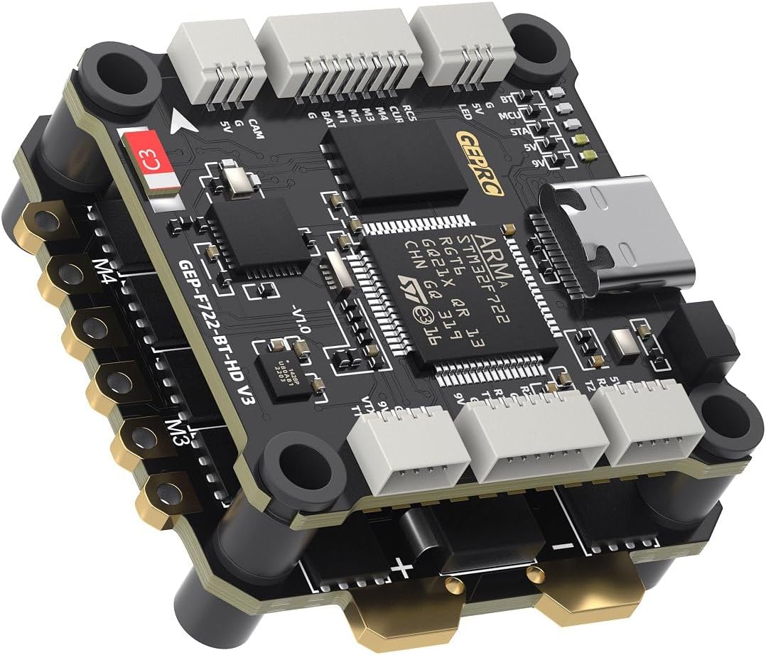 Angled view of GEPRC TAKER F722 BT 32Bit 50A STACK with visible connectors