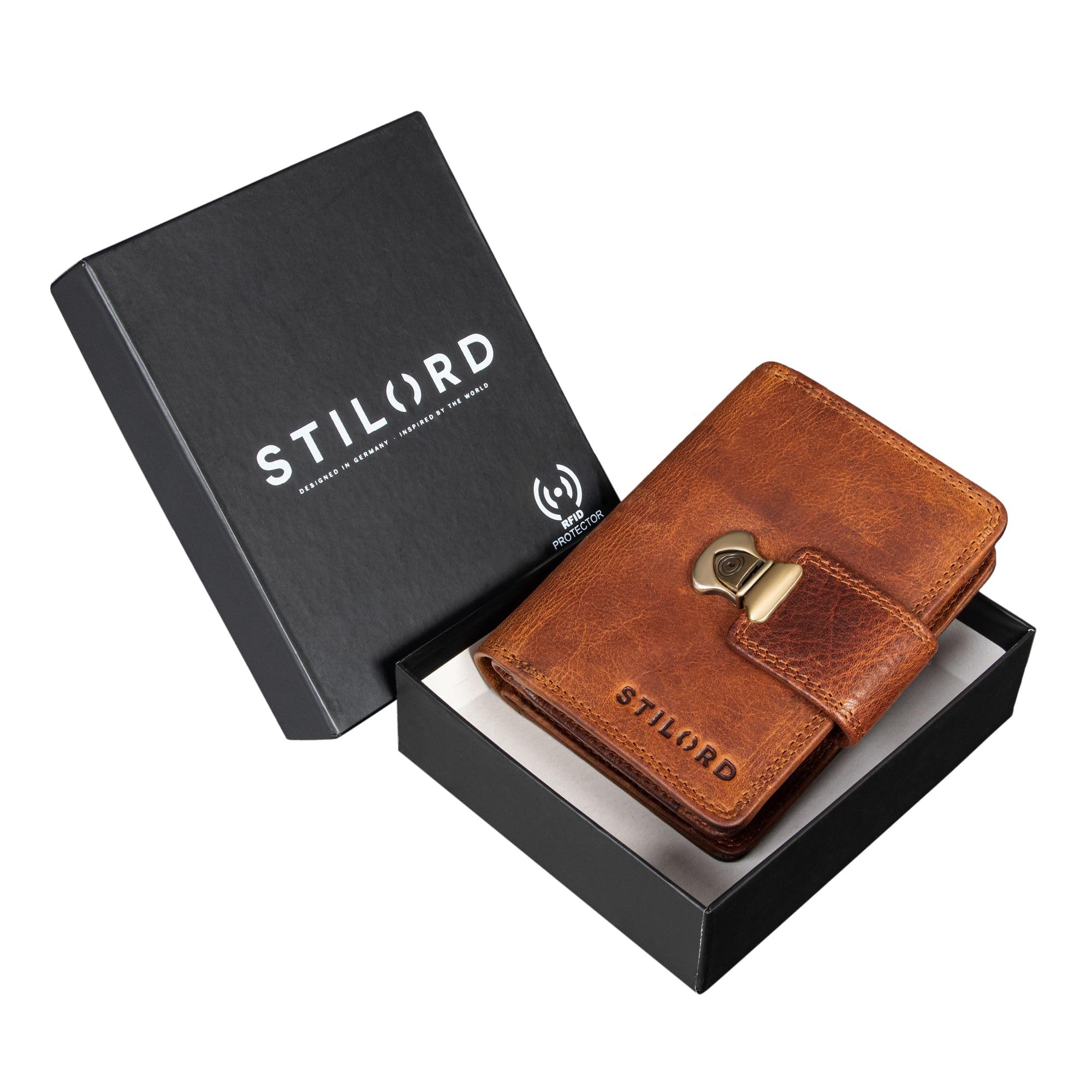 STILORD "Reese Elegante Geldbörse mit RFID Schutz Damen Herren Echtleder Portemonnaie mit Schnappverschluss Hochformat - Retro Trifold Leder Brieftasche mit Geschenkbox Farbe:Kara - Cognac