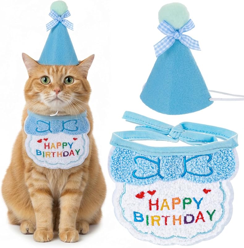 Chapéu de aniversário para gatos e cães Tyqour com bandana ajustável azul