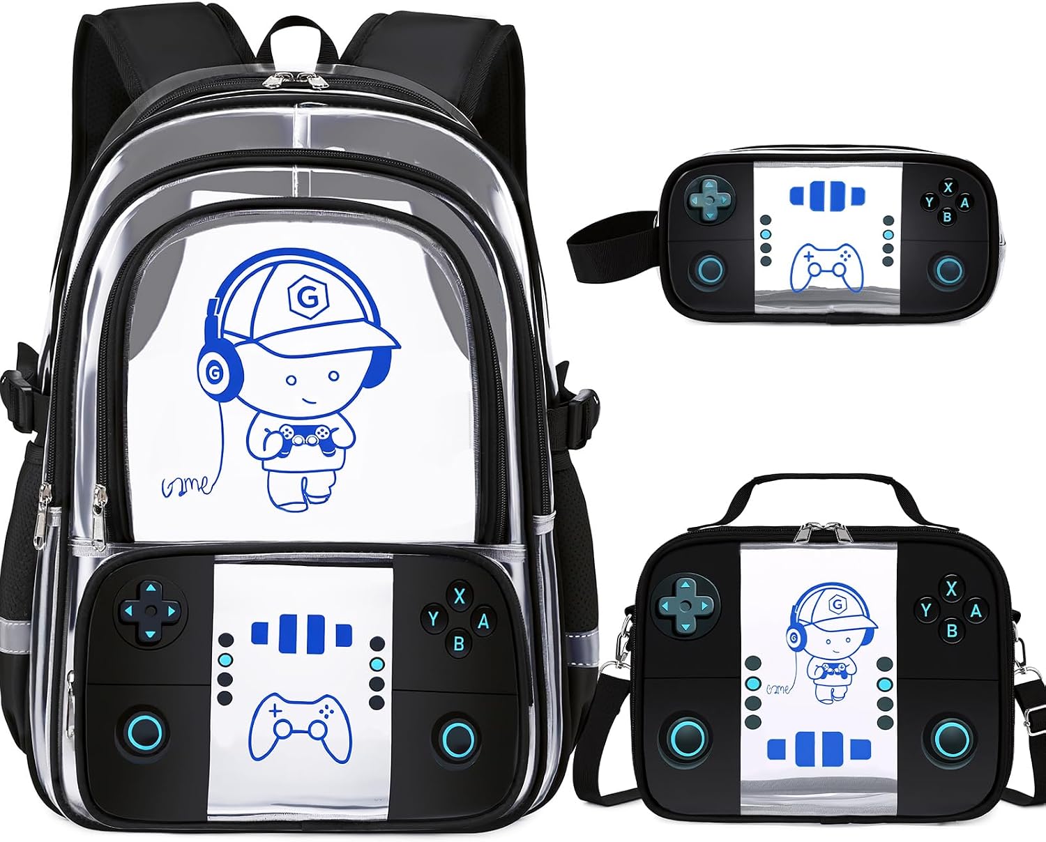 Bevalsa Clear Backpack for Boys,3PCS Cool Gaming Clear Bookbag for School