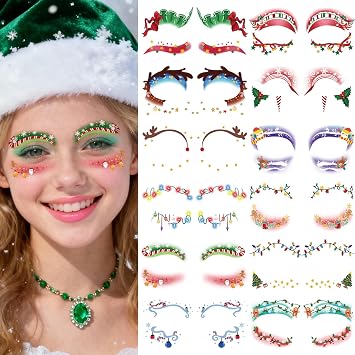 12 Pairs Christmas Makeup Eye Temporary Tattoos Waterproof Xmas Tree Deer Eyeliner Eye Shadow Tattoos Makeup Kit for Adult Women Men Kid Girls Cosplay Christmas Party Favor