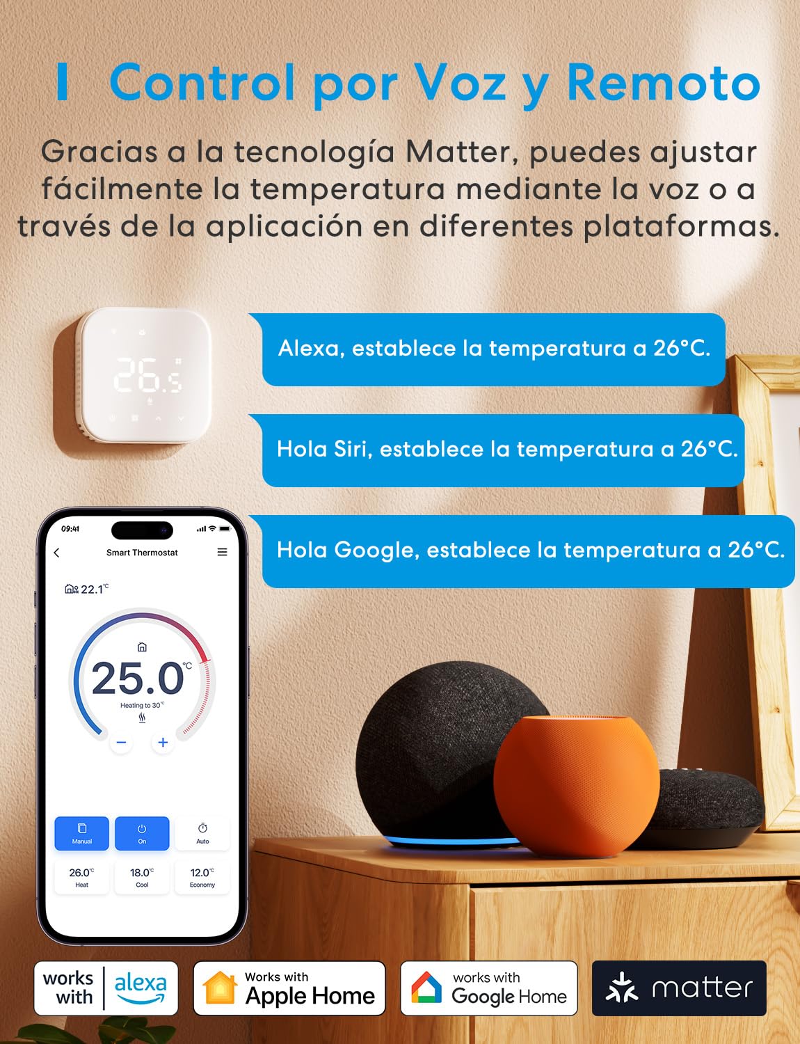Meross Termostato Calefaccion WiFi Matter, Termostato WiFi Caldera Gas Condensación, Compatible con Alexa, Google Assistant y Siri, Sensor Externo, Detección Ventana Abierta, Bajo Consumo Programable