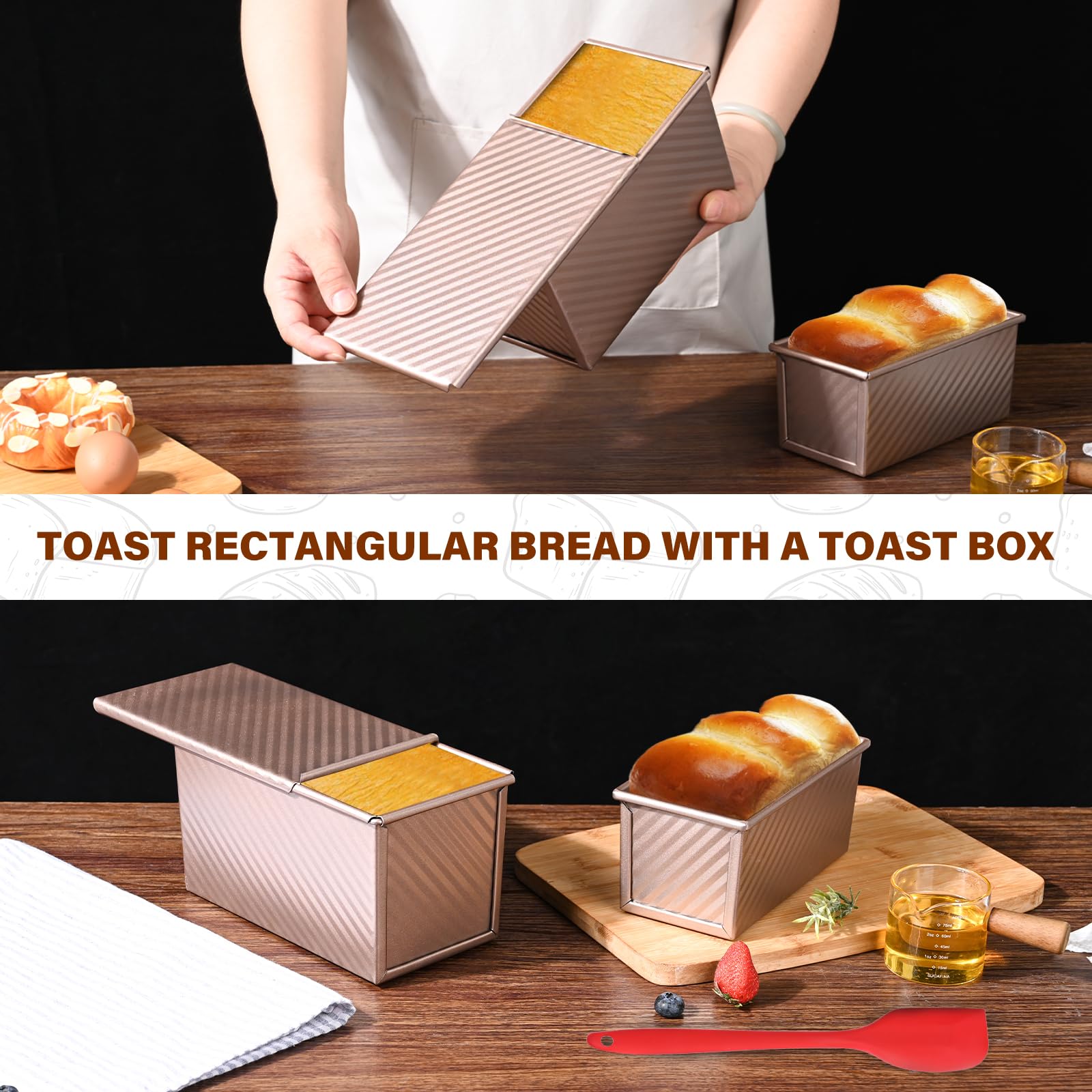 2 Pack Pullman Loaf Pan with Lid, 1 lb/0.5 lb Dough Capacity for Homemade Bread, Non-stick Corrugated Carbon Steel Bread Toast Box with Cover for Bakeware, Sandwich & Toast Oven Baking, Gold - Image 5