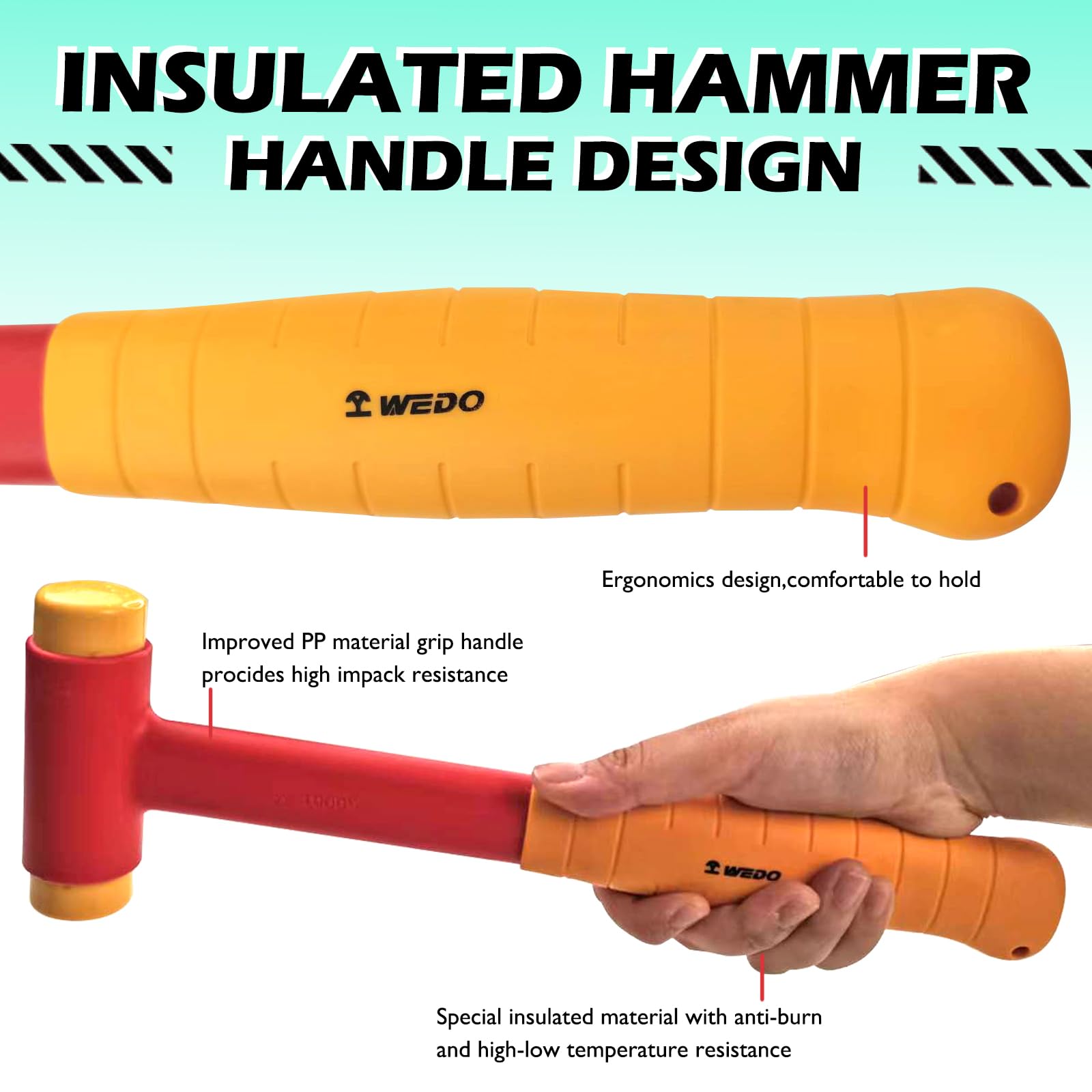 WEDO Martillo aislado, martillo de mazo no rebote, martillo de seguridad VDE de 1000 V, longitud 160 mm, diámetro de la cabeza 40 mm, martillo sin retroceso, aislamiento integral, mango