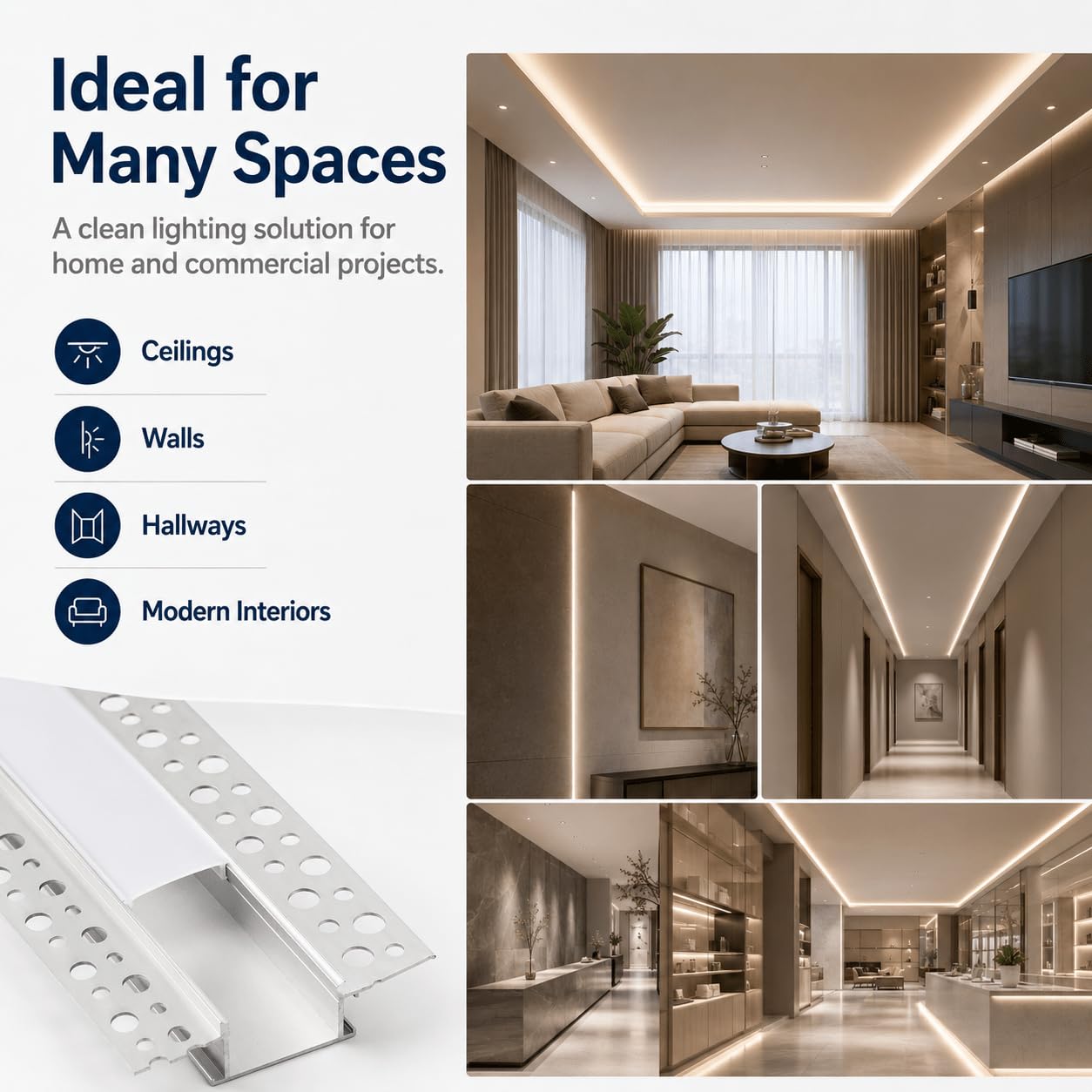 10 x LED Drywall Profile 2 m Aluminium Profile for Strip Rail Flush-Mounted Channel and Diffuser Surface-Mounted for Indirect Lighting Decker [Energy Class A+++]