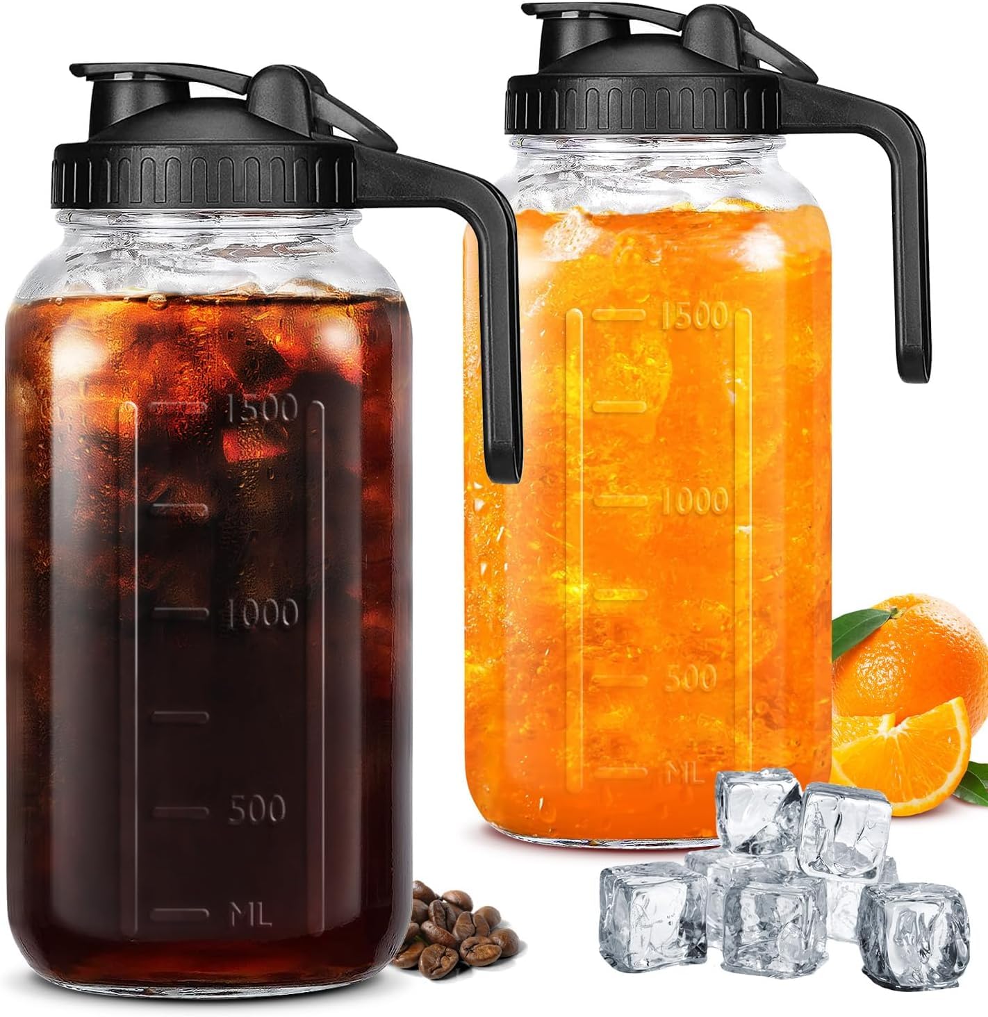 Jarra de vidrio con tapa, juego de 2 Mason Jar jarra de 64oz de galón con tapa de filtro, jarra de boca ancha a prueba de fugas, jugo, leche, té, café helado y bebidas