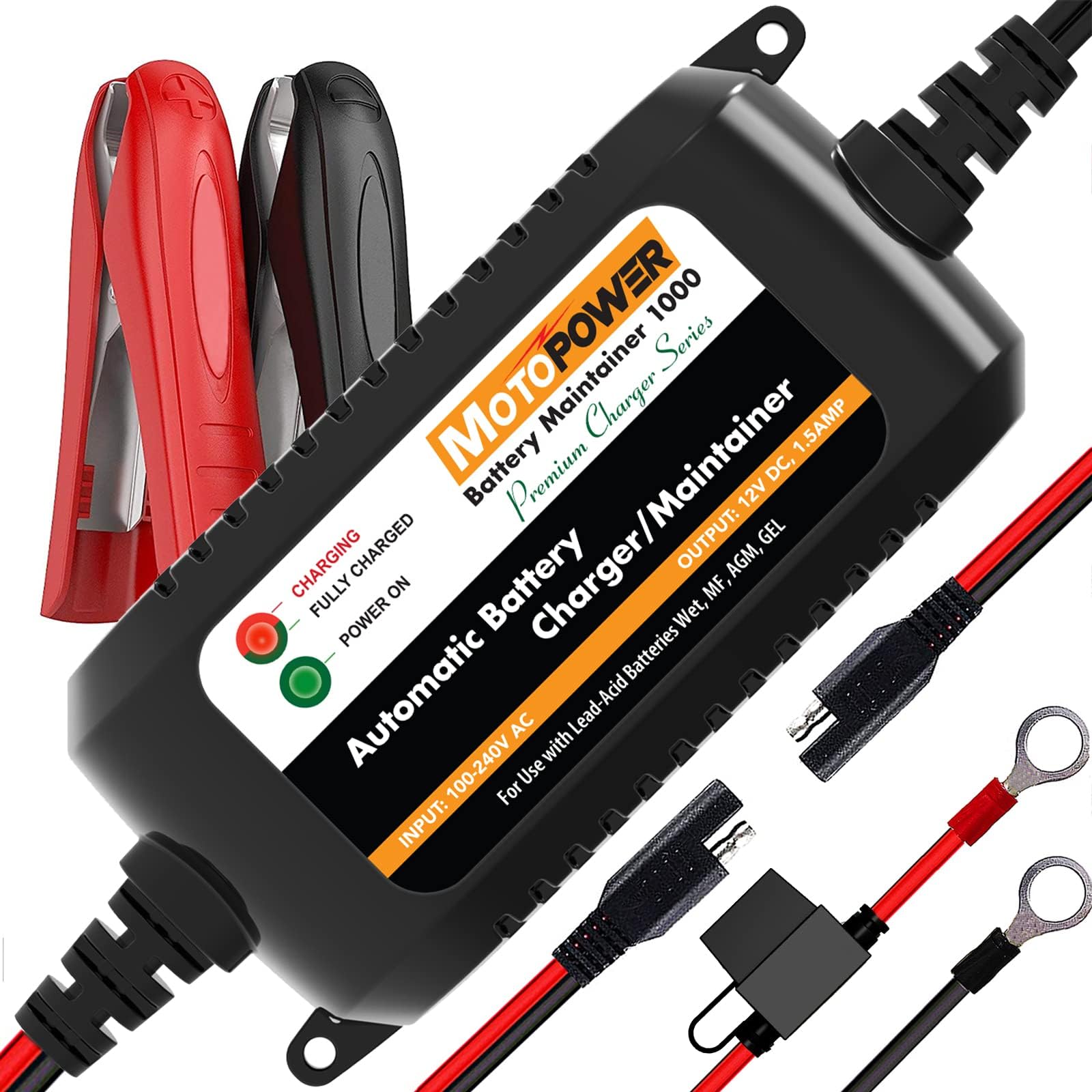 MOTOPOWER MP00206A 12V 1.5Amp Automatic Battery Charger, Battery Maintainer for Cars, Motorcycles, ATVs, RVs, Powersports, Boat and More