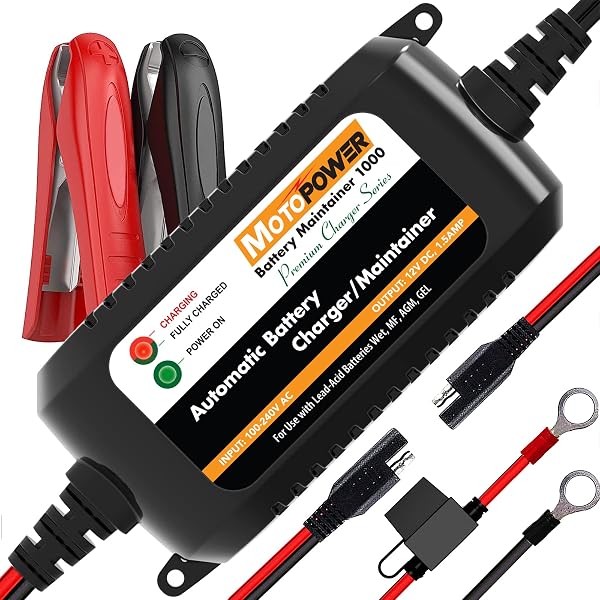 MOTOPOWER MP00206A 12V 1.5Amp Automatic Battery Charger, Battery Maintainer for Cars, Motorcycles, ATVs, RVs, Powersport