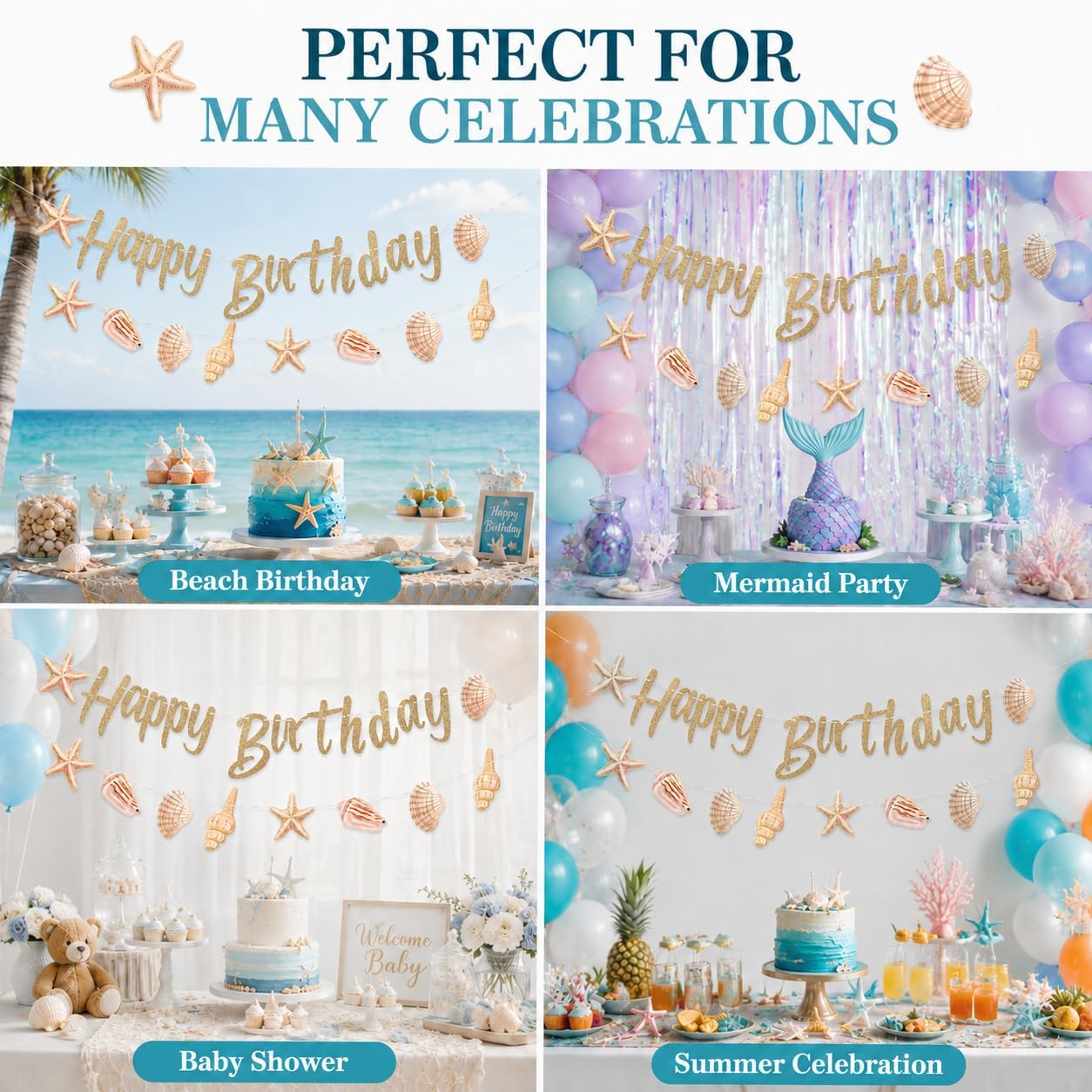 Seashell Happy Birthday Banner, Ocean Theme Birthday Decorations with Glitter Script Letters & Printed Shell Garland, DIY Stringing Beach Coastal Party Decor for Under The Sea, Mermaid, Baby Shower (Ivory)