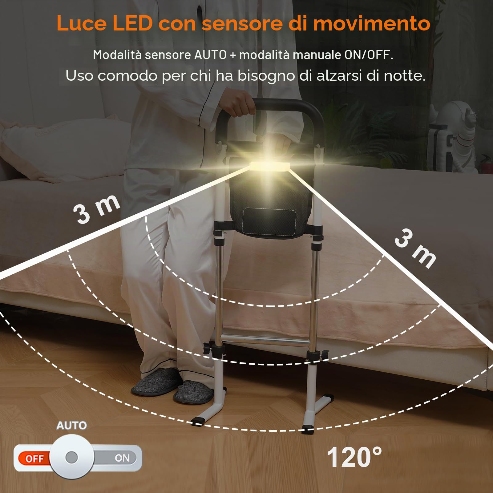 Ausili per Alzarsi dal Letto per Anziani, Altezza Regolabile su 5 Livelli, Supporto per Alzarsi da Letto/Divano/WC, con Tasca e Luce Sensoriale, Portata Massima 150 kg