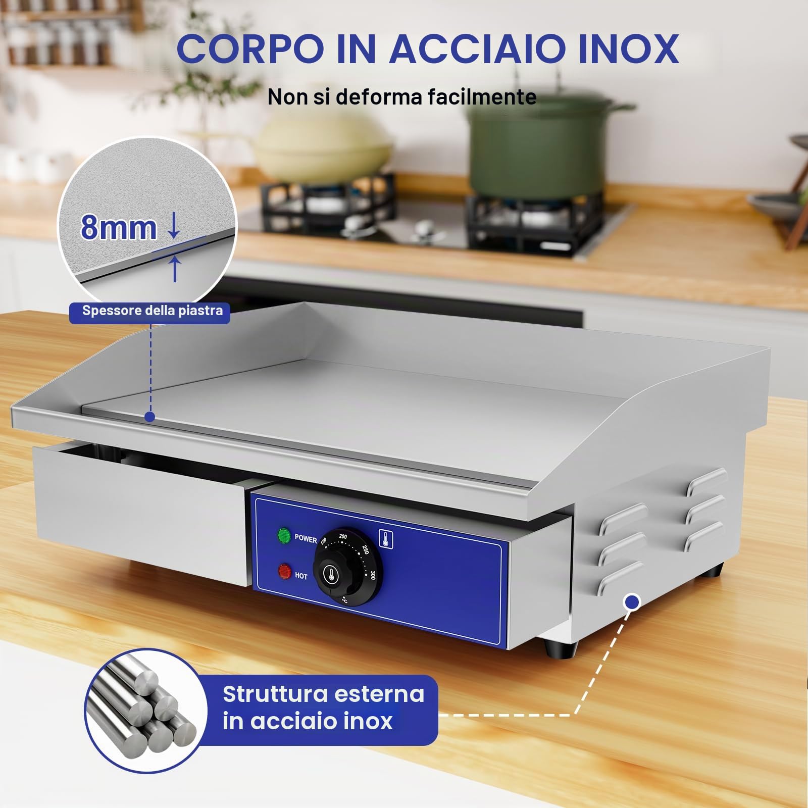 Taimiko Piastra elettrica professionale in acciaio inox 3000 W, 220-240 V, piastra grill in ghisa liscia, L540 x l355 mm, termostato da 50 a 300 °C, anti spruzzi, 18,5 kg