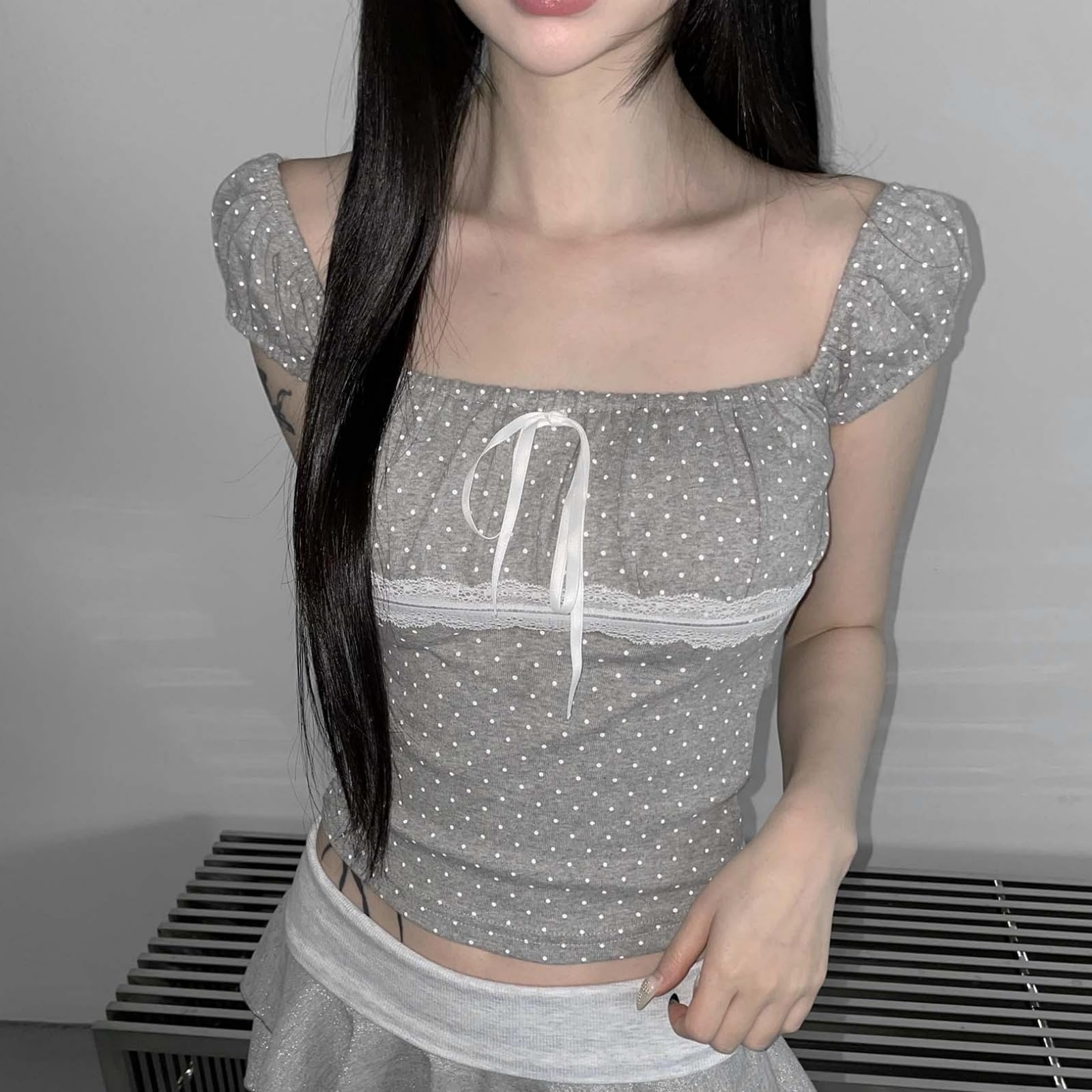 Womens E-Girls Short Sleeve T-Shirt Y2k Lace Trim Crop Tops Crewneck Fairy Grunge Tee Tops Aesthetic Summer Clothes